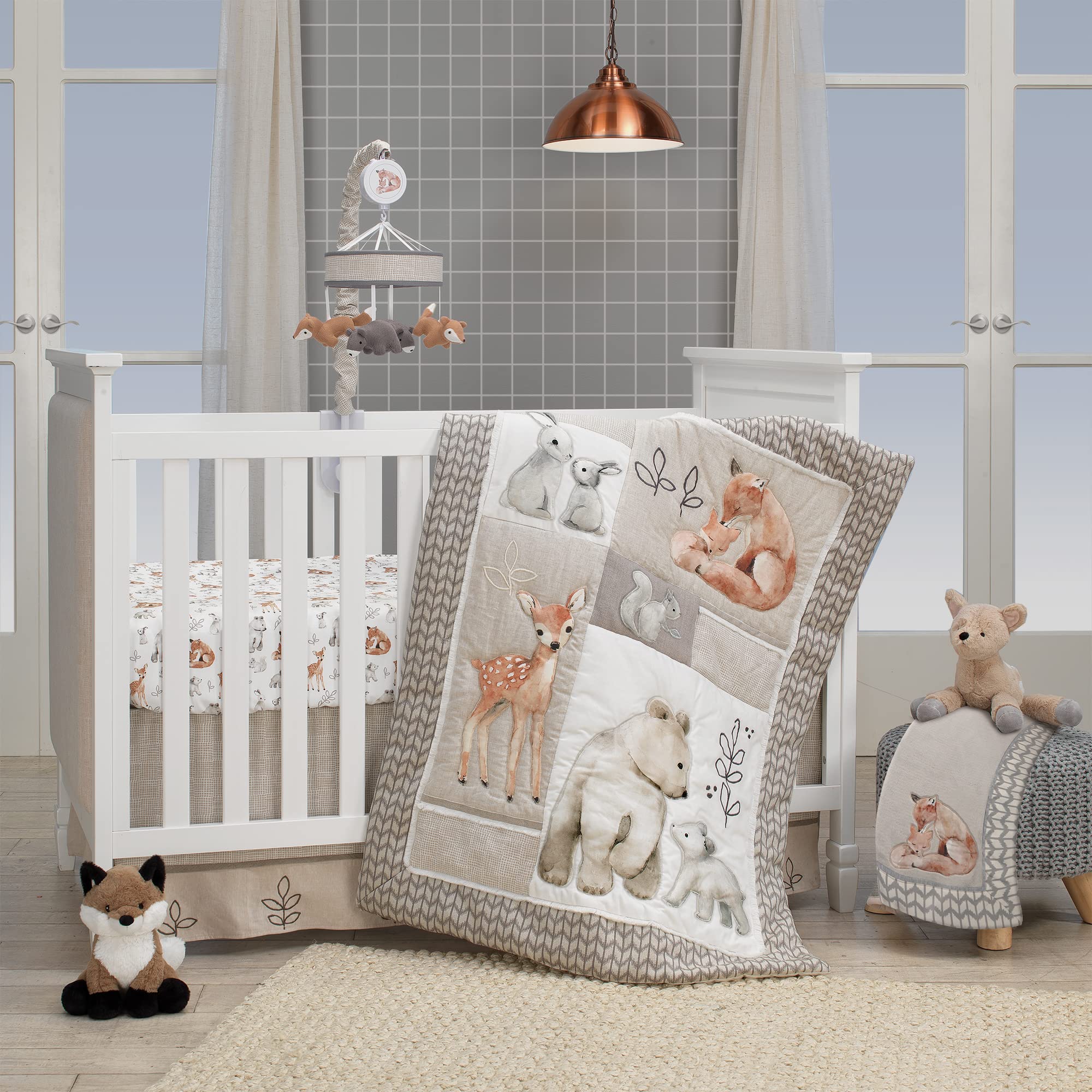Lambs & Ivy Painted Forest 4-Piece Crib Bedding Set - Soft Gray, Beige & White Nursery Decor | Perfect for Baby Shower Gifts & Cozy Nursery Themes