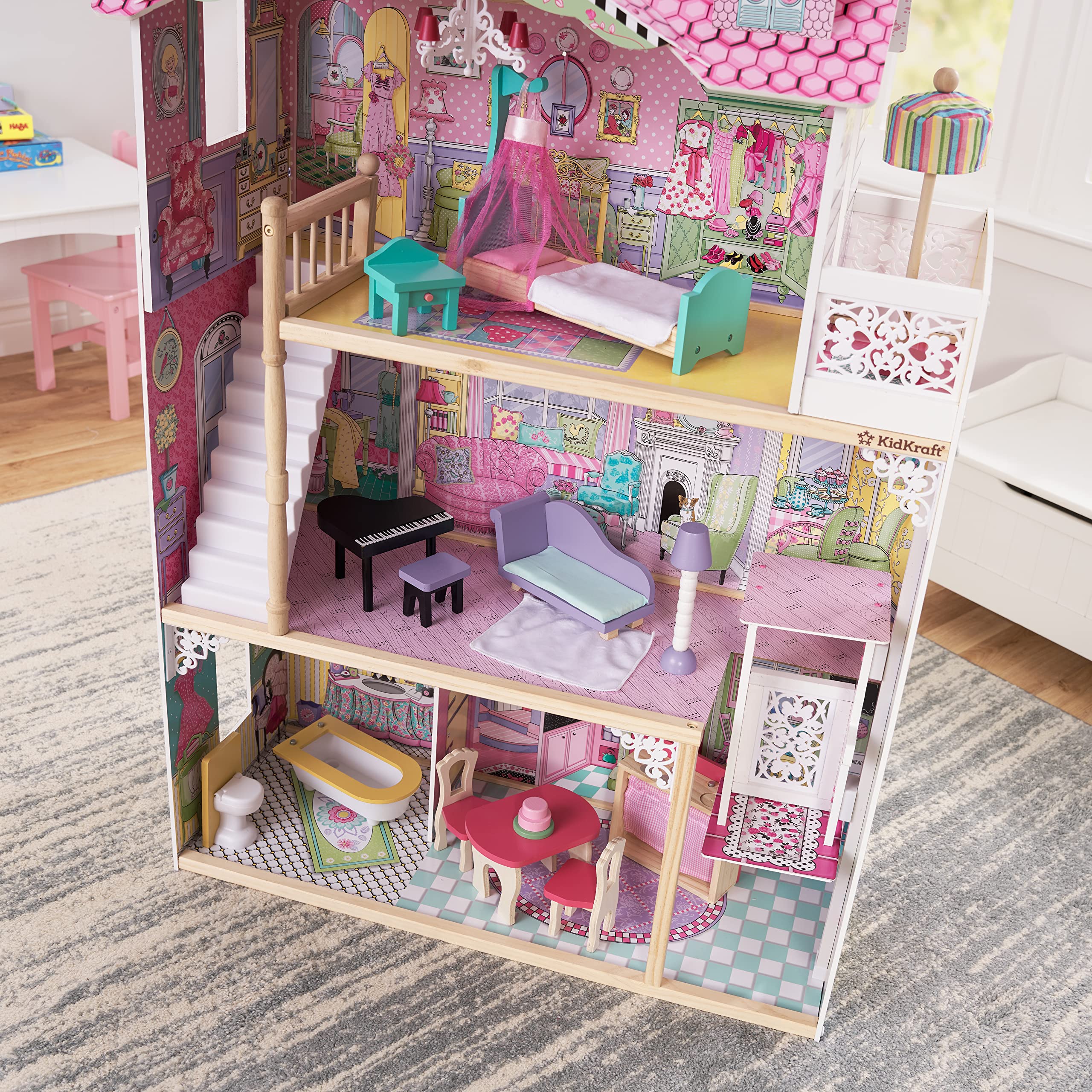 KidKraft Annabelle Wooden Dollhouse with Elevator & Balcony - 17-Piece Accessory Set | Perfect Gift for Girls Ages 3+ | Pretend Play, Imaginative Play, Nursery Decor