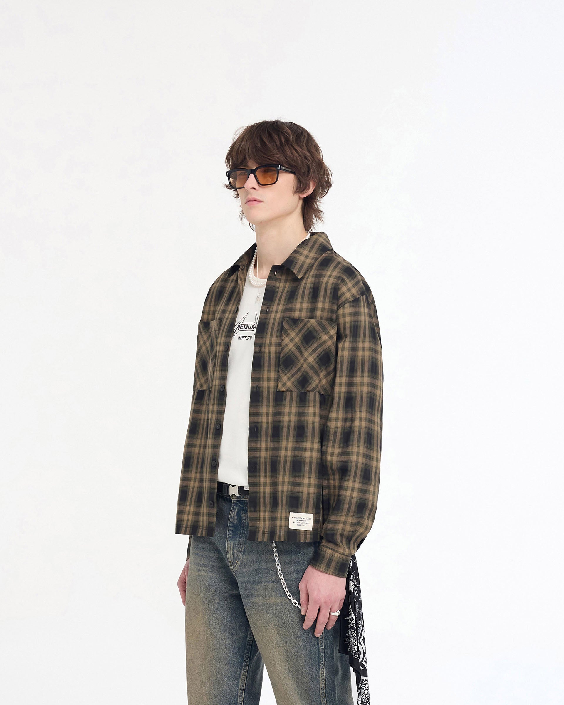 Represent X Metallica Flannel Shirt in Tobacco - Vintage Rock Band Graphic Button-Up Shirt for Men, Casual Grunge Style Outfit for Concerts & Streetwear