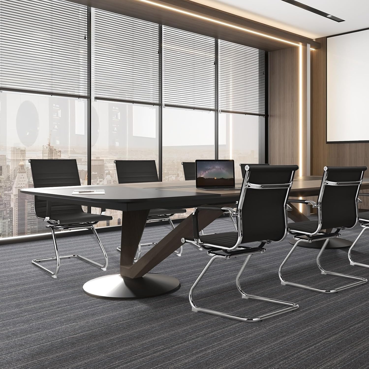 Powerstone Office Conference Room Chairs - Set of 2 No-Wheel Guest Chairs with Metal Sled Base, Mid Back PU Leather & Armrests - Black Reception Chairs for Meeting Rooms, Waiting Areas & Office Lobbies (Perfect for Corporate, Hotel & Clinic Settings)