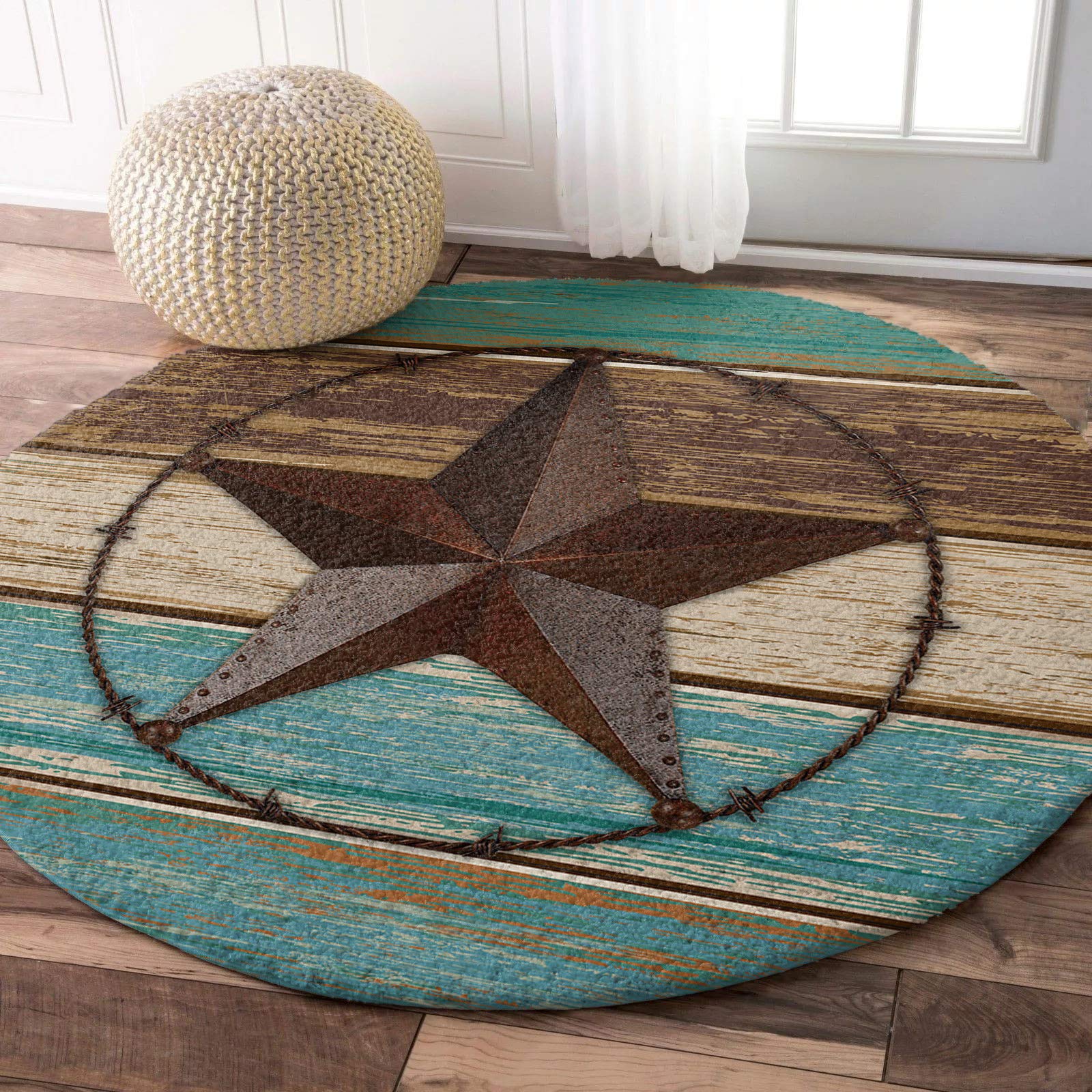 Fluffy Round Area Rug 4ft - Western Texas Star Design, Plush Shaggy Soft Circular Carpet, Non-Slip Fuzzy Accent Floor Mat for Living Room, Bedroom, Nursery - Home Decor in Teal & Brown (Perfect for Cozy Spaces, Kids Play Areas & Western-Themed Interiors)