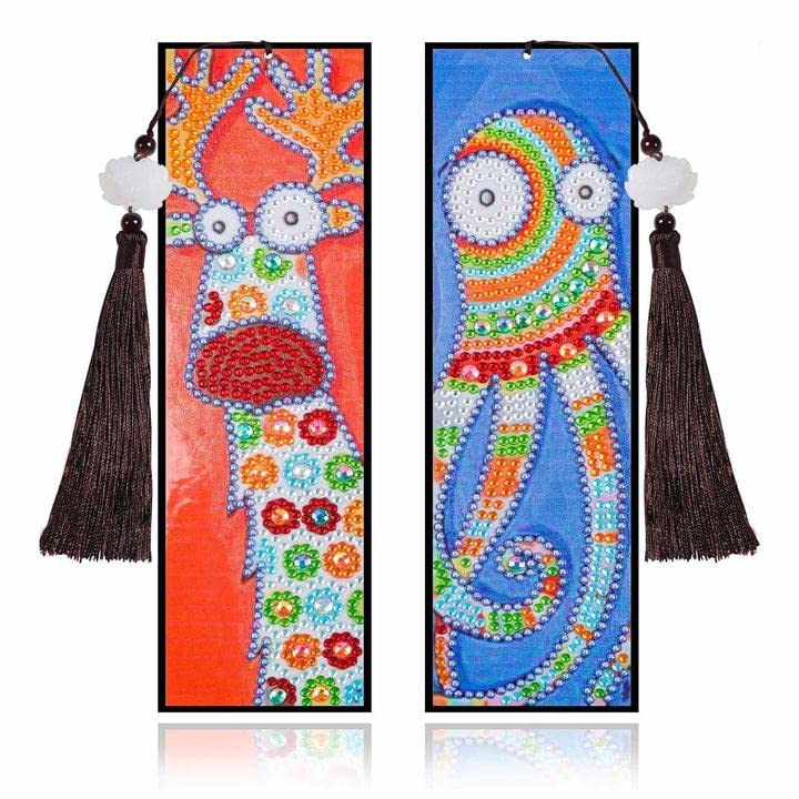 2 PCs DIY Diamond 5D Painting Bookmarks - Cartoon Funny Deer & Octopus Crystal Beaded Bookmarks with Tassels for Kids, Adults, Reading Enthusiasts - Perfect Gift for Book Lovers, Birthday, Christmas