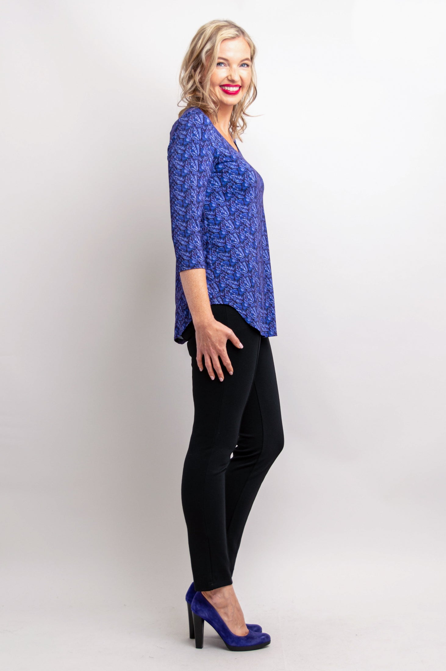 Jazz 3/4 Sleeve Women's Top - Midnight Leaves Print Bamboo Fabric Blouse for Casual Wear & Summer Outfits
