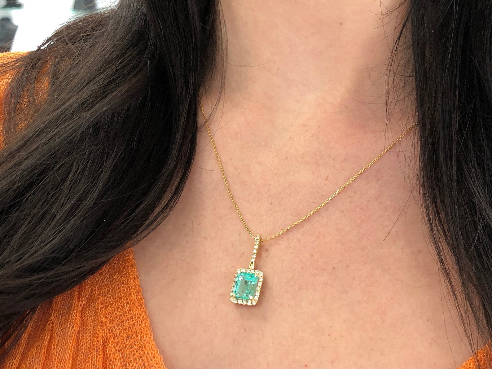 4.18TCW Natural Colombian Emerald & Diamond Halo Pendant in 14K Gold - Elegant Jewelry Gift for Women, Perfect for Weddings, Anniversaries & Special Occasions