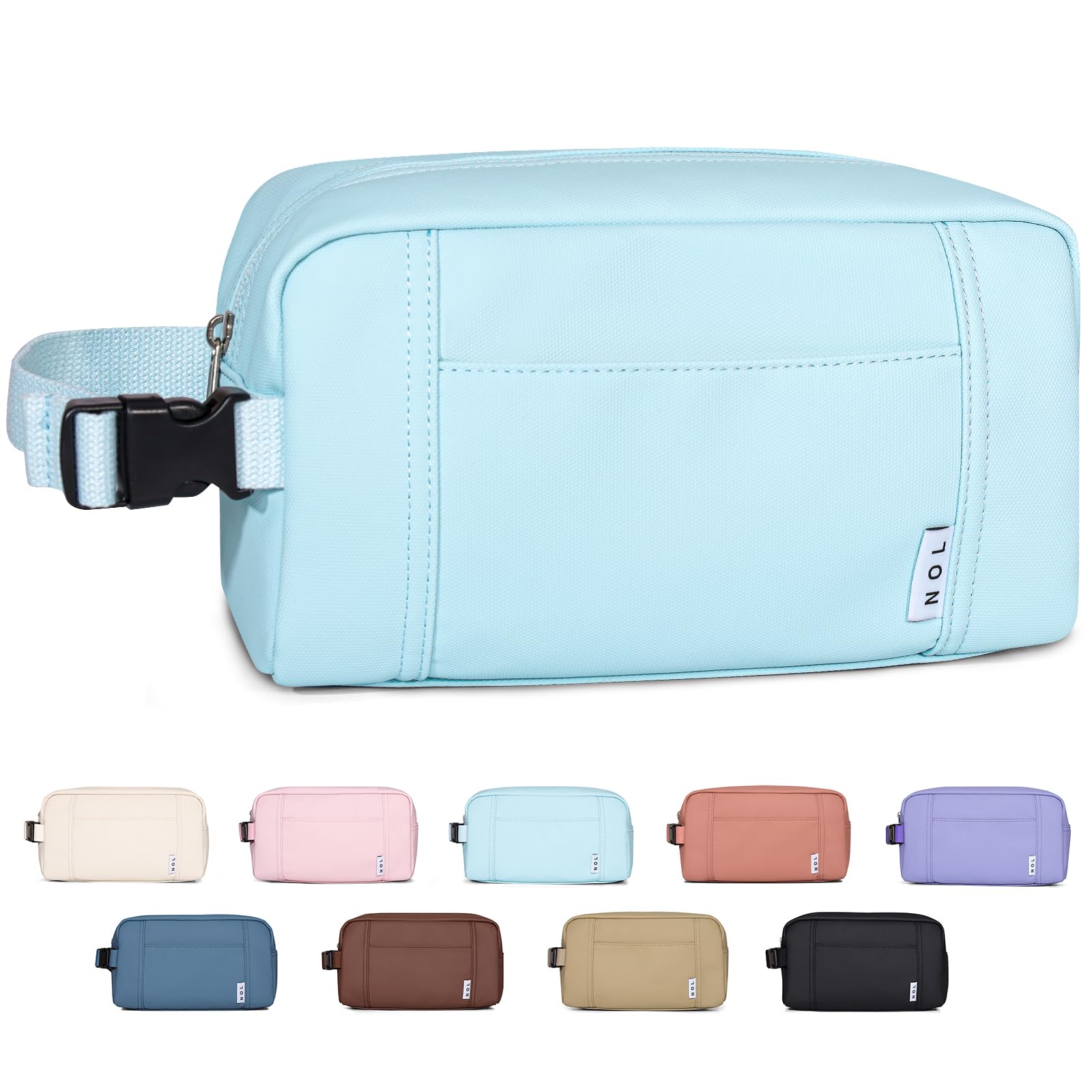 NOL Natural Organic Lifestyle Waterproof Nylon Makeup Bag - Lightweight Travel Toiletry Organizer for Women & Men, Reusable Cosmetic Pouch with Zip Closure & Buckle Handle (Light Blue) - Perfect for Travel, Gym, Beach & Daily Essentials Storage