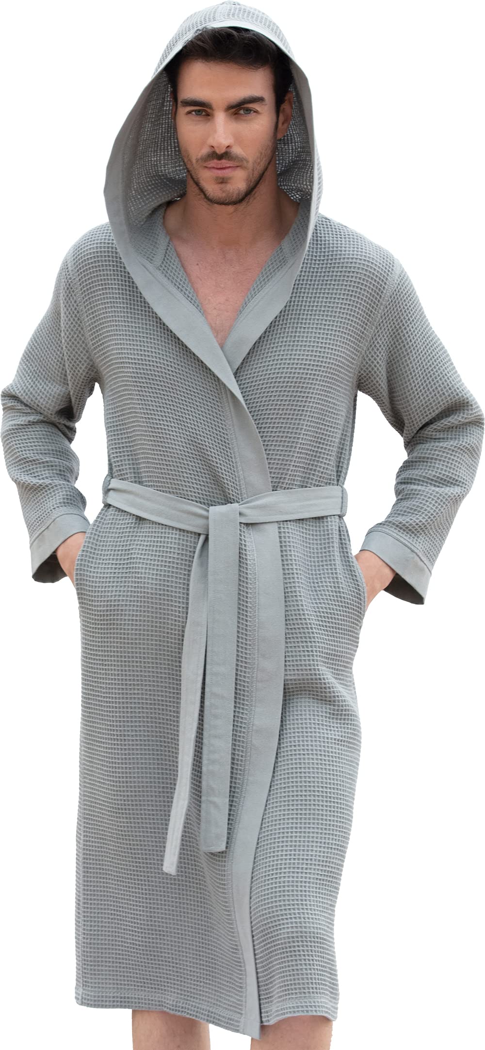 SEYANTE Men's Lightweight Cotton Waffle Weave Robe with Hood - Ultra Soft Full-Length Bathrobe for Spa, Sleepwear & Lounge Wear at Home