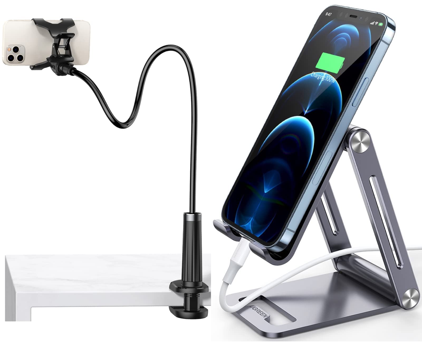 UGREEN Adjustable Gooseneck Phone Holder & Stand - Flexible Phone Mount for Desk, Bed, Car - Compatible with iPhone, Samsung, Android Smartphones - Perfect for Watching Videos, Video Calls, Gaming & Reading