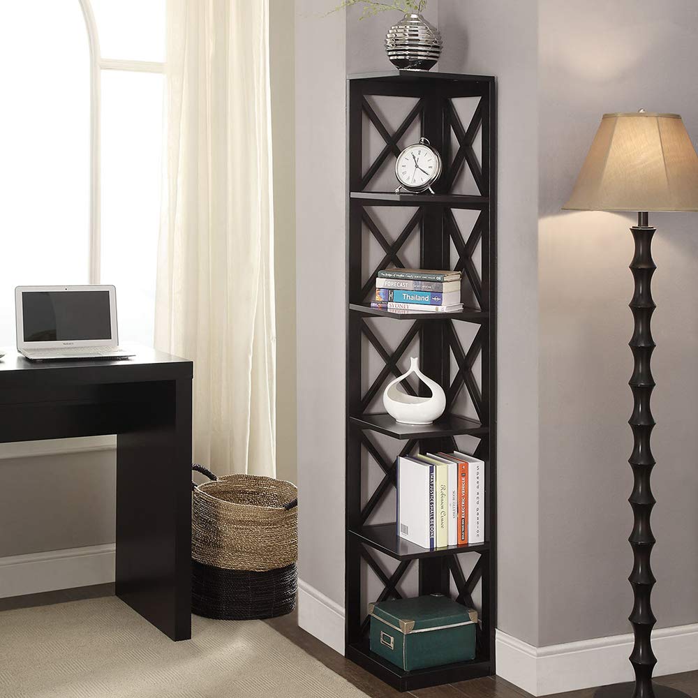 Convenience Concepts Oxford 5-Tier Corner Bookcase in Black - Space-Saving Bookshelf for Living Room, Office & Bedroom Organization