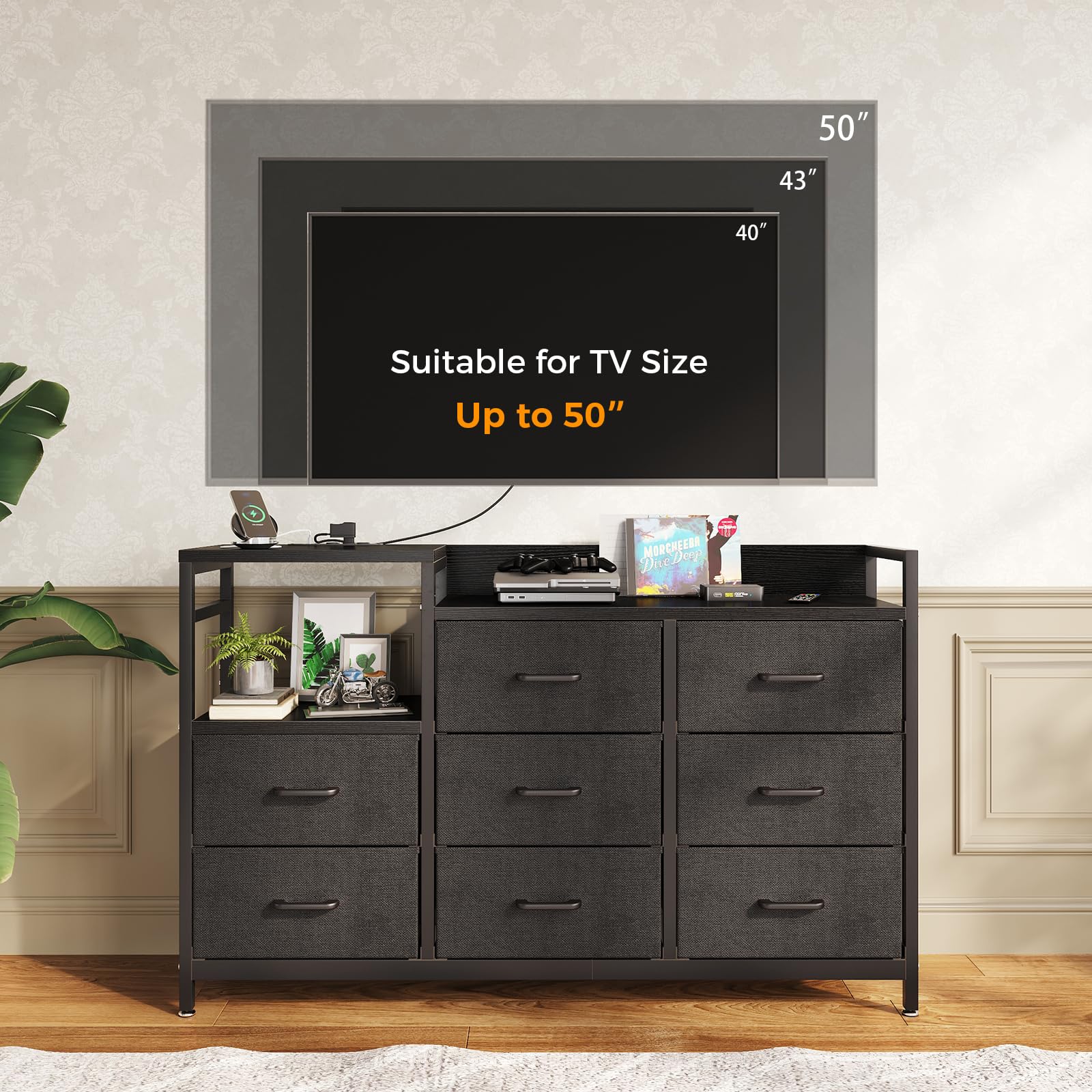 52-Inch Long ODK Dresser with Charging Station & 8 Storage Drawers - Sturdy Steel Frame & Wooden Top Fabric Dresser for Bedroom Organization - Perfect for Small Spaces, Dorm Rooms & Apartment Storage Solutions