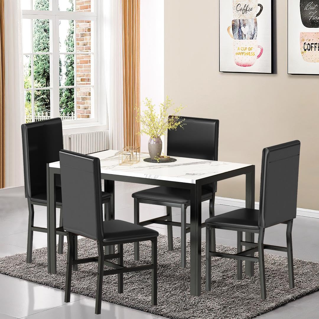 5-Piece Dining Table Set for 4 with Faux Marble Top & 4 Upholstered PU Leather Chairs - Perfect for Small Kitchens, Breakfast Nooks, and Cozy Dining Rooms