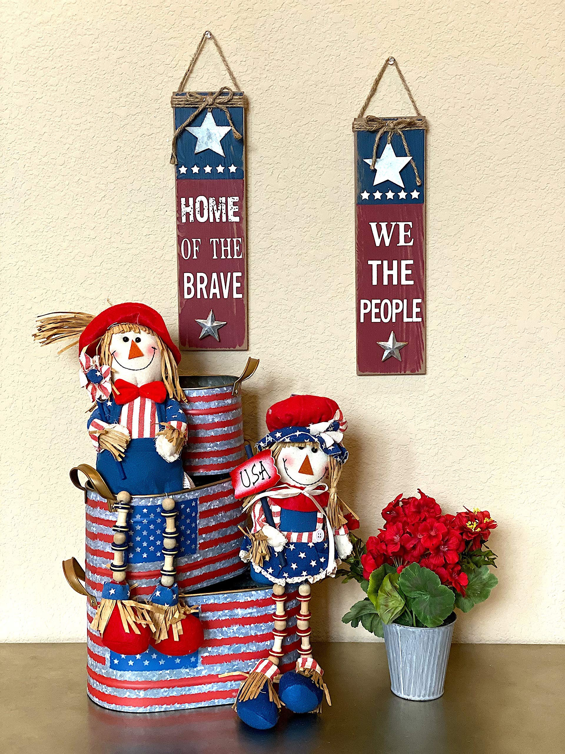 Distressed Metal Buckets with American Flag USA Design - Rustic Kitchen, Pantry, Bathroom & Garden Planter Organizer - Perfect for Home Decor, Storage & Outdoor Planting