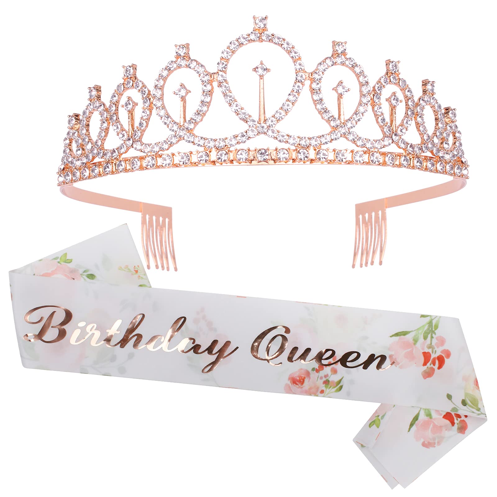 Elegant Rose Gold Rhinestone Tiara & Floral White Sash Set - Birthday Crown for Women, Queen Party Accessories - Perfect for Birthday Celebrations, Bachelorette Parties & Special Occasions