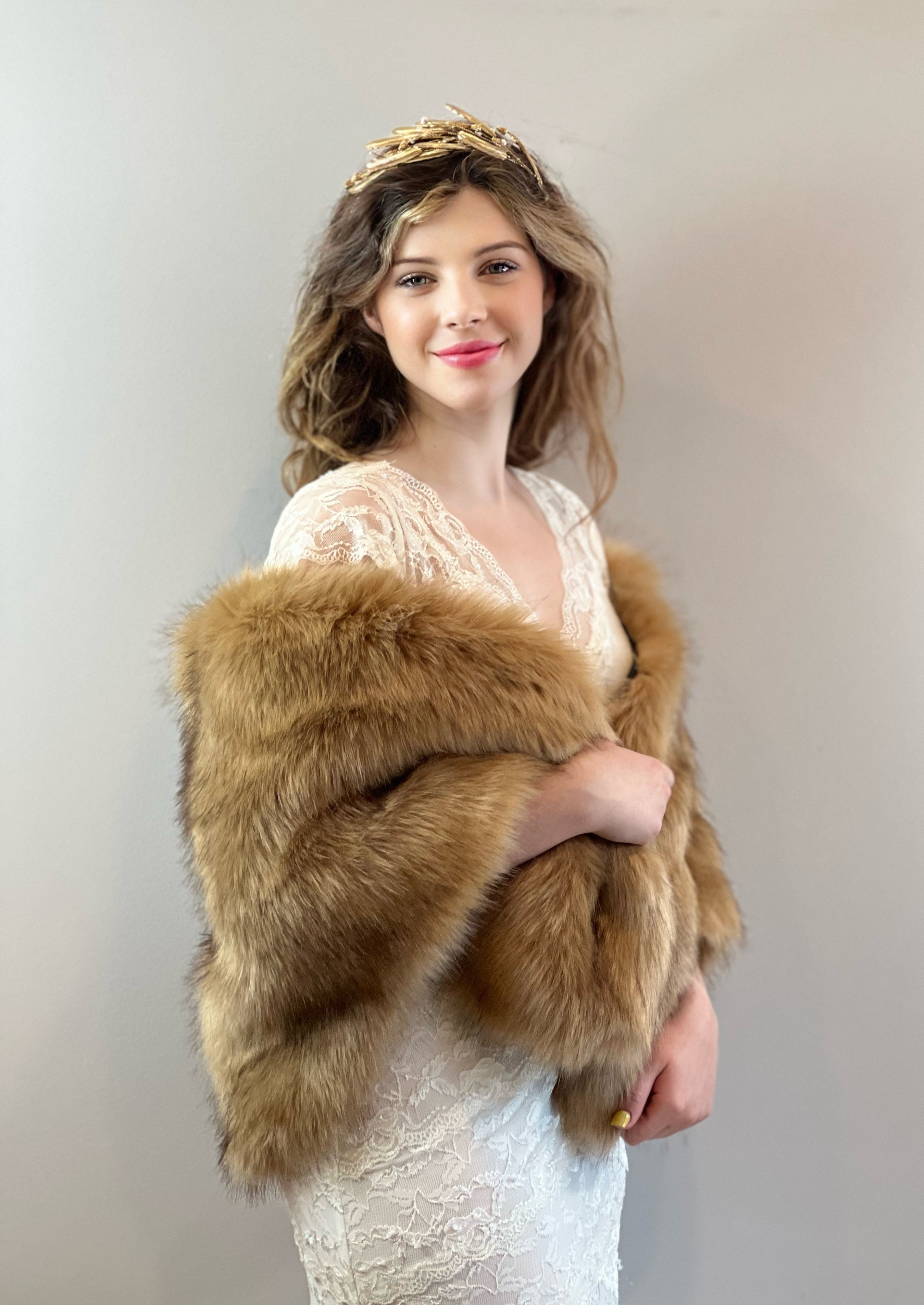 Honey Brown Faux Fur Shawl Wrap - Soft Winter Scarf for Women, Elegant Butterfly Design (LBrw03) - Perfect for Parties, Weddings & Cold Weather Fashion