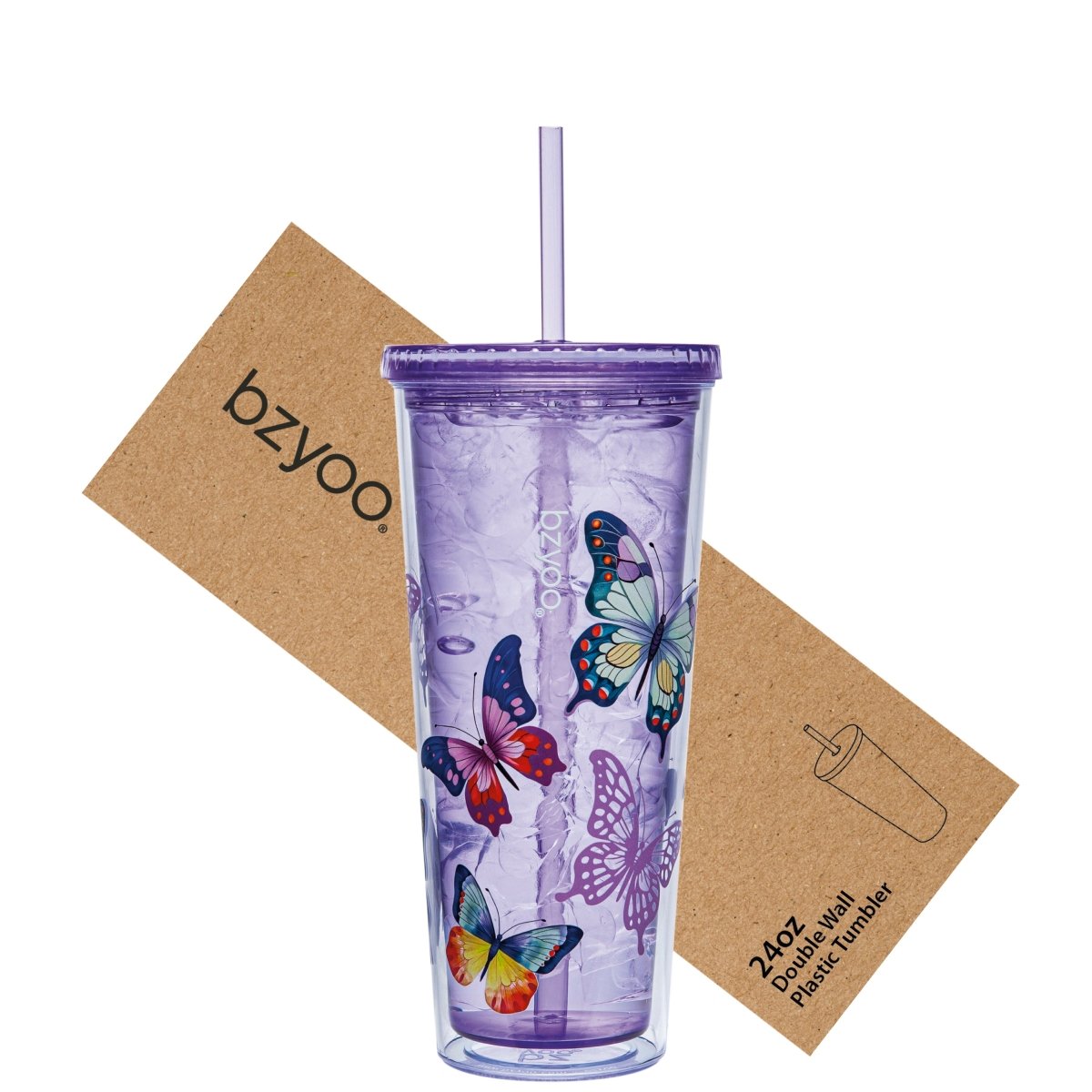24oz Double Wall Insulated Plastic Tumbler with Lid & Straw - Butterfly Purple | Leak-Proof Travel Mug for Coffee, Tea & Cold Drinks | Office, Gym & Outdoor Use