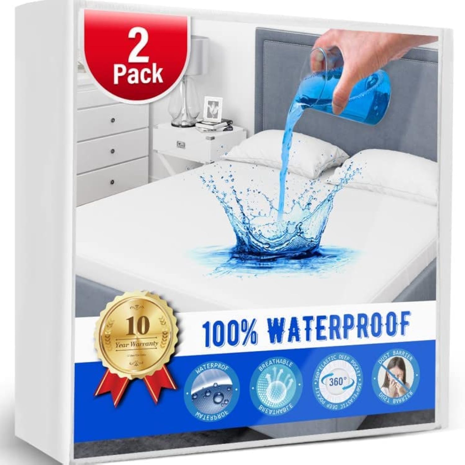 2 Pack King Size Waterproof Mattress Protector - Noiseless, Breathable Terry Fabric Cover for Pets, Kids & Adults - 76