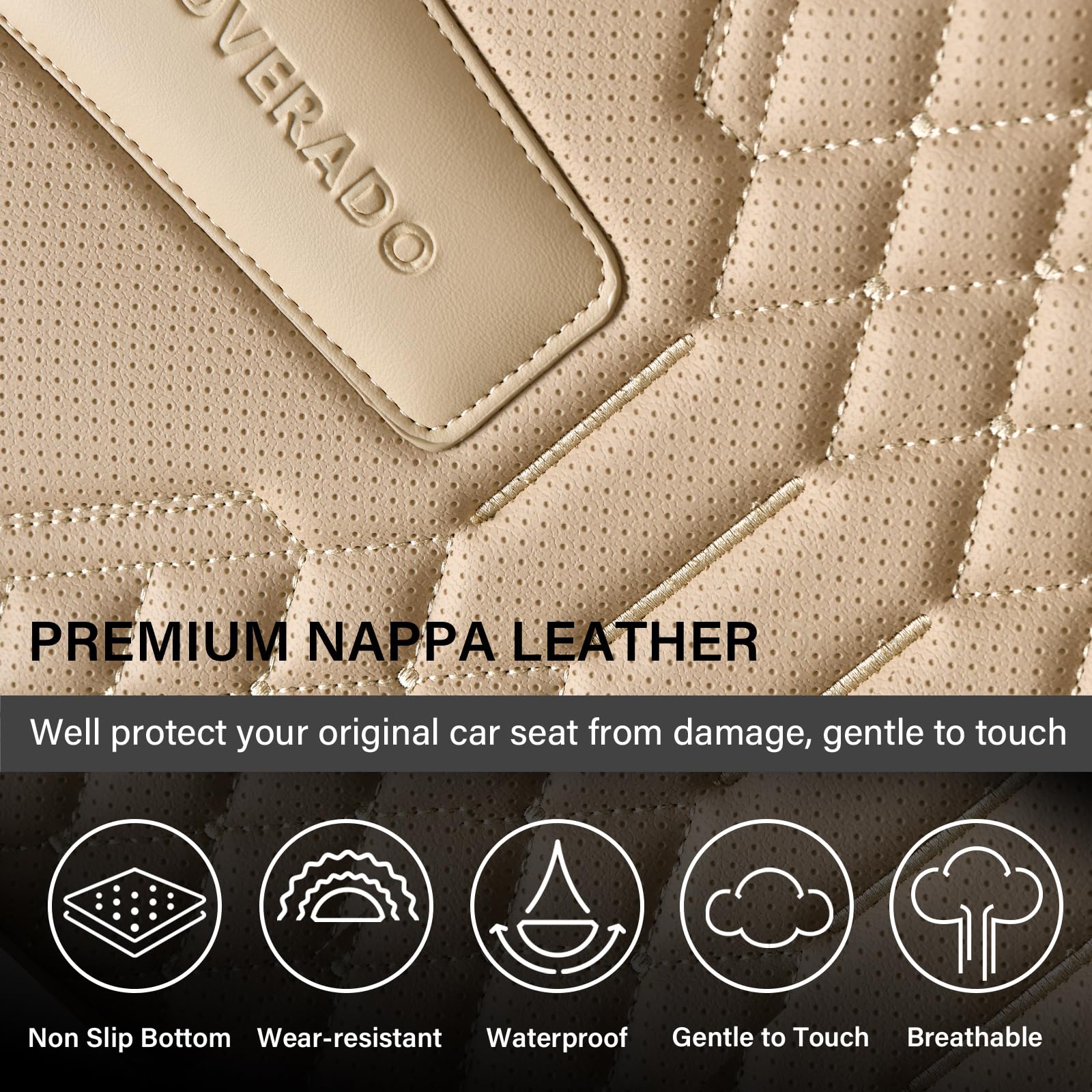Premium Nappa Leather Car Seat Covers Full Set - Waterproof 5-Seat Universal Front & Back Protectors for Most Vehicles (Beige) | Ideal for Family Cars, SUVs & Daily Commuting