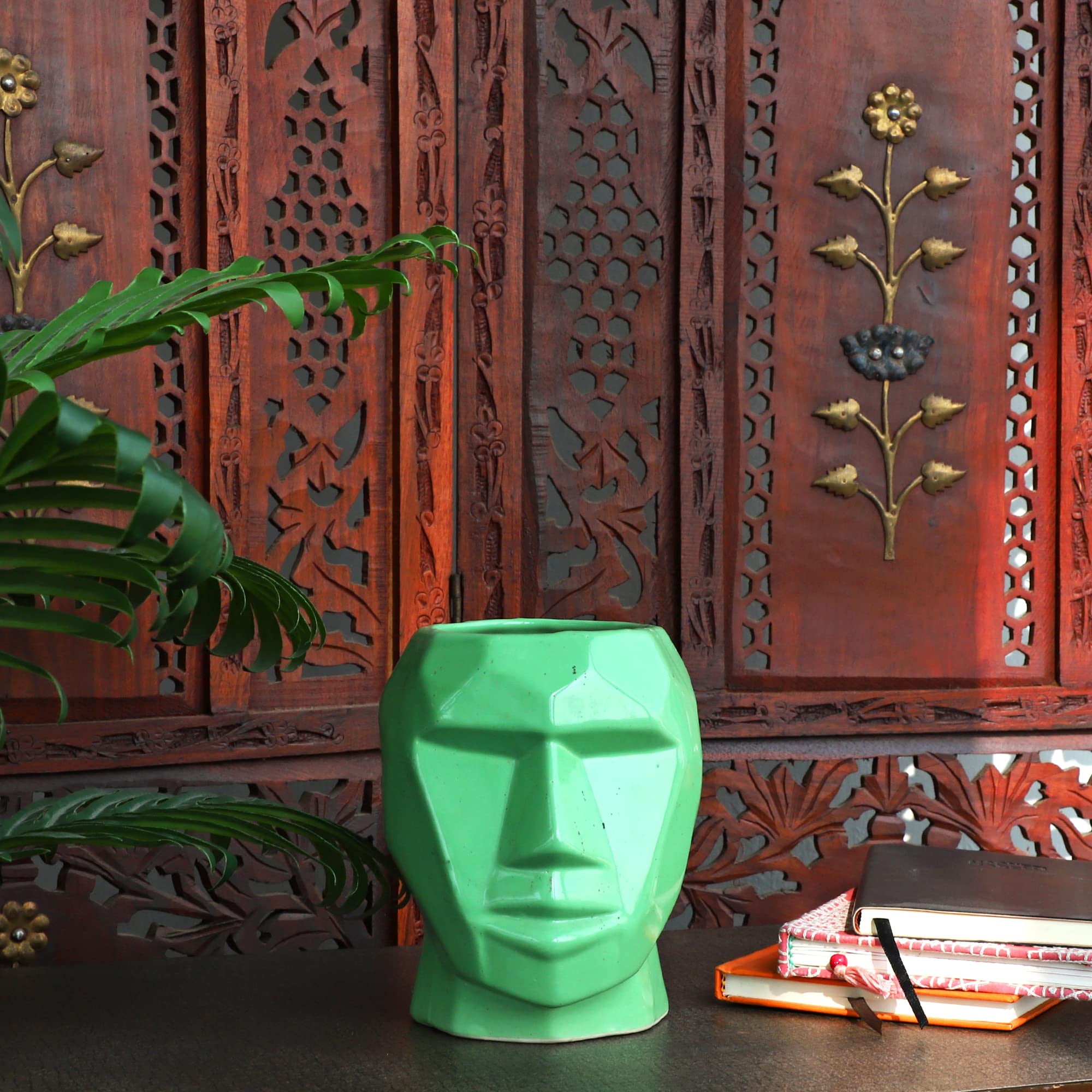 Handmade Ceramic Man Shape Flower Vase Planter - Khurja Pottery Home Decor (Green, 6.5