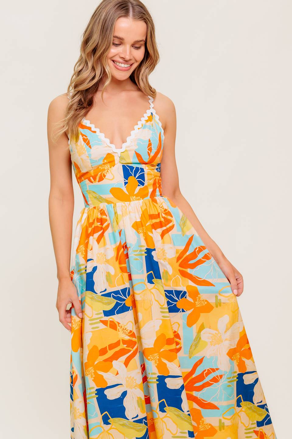 MERRITT MIDI DRESS - Floral Print Orange & Blue Summer Dress for Women | Perfect for Beach Vacations, Date Nights & Casual Outings