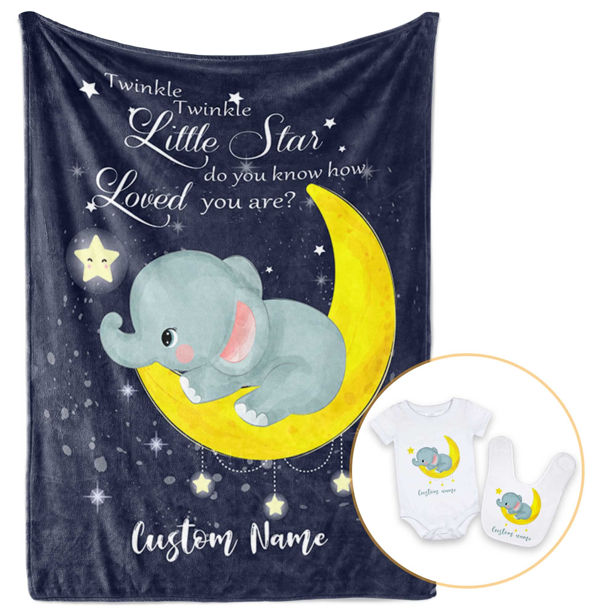 Personalized Baby Blankets for Boys & Girls - Custom Twinkle Twinkle Little Star Elephant Blanket Set with Bib & Onesie - Unique Baby Shower Gift, Christmas Present, Newborn Essentials - Perfect for Nursery, Travel & Photo Shoots