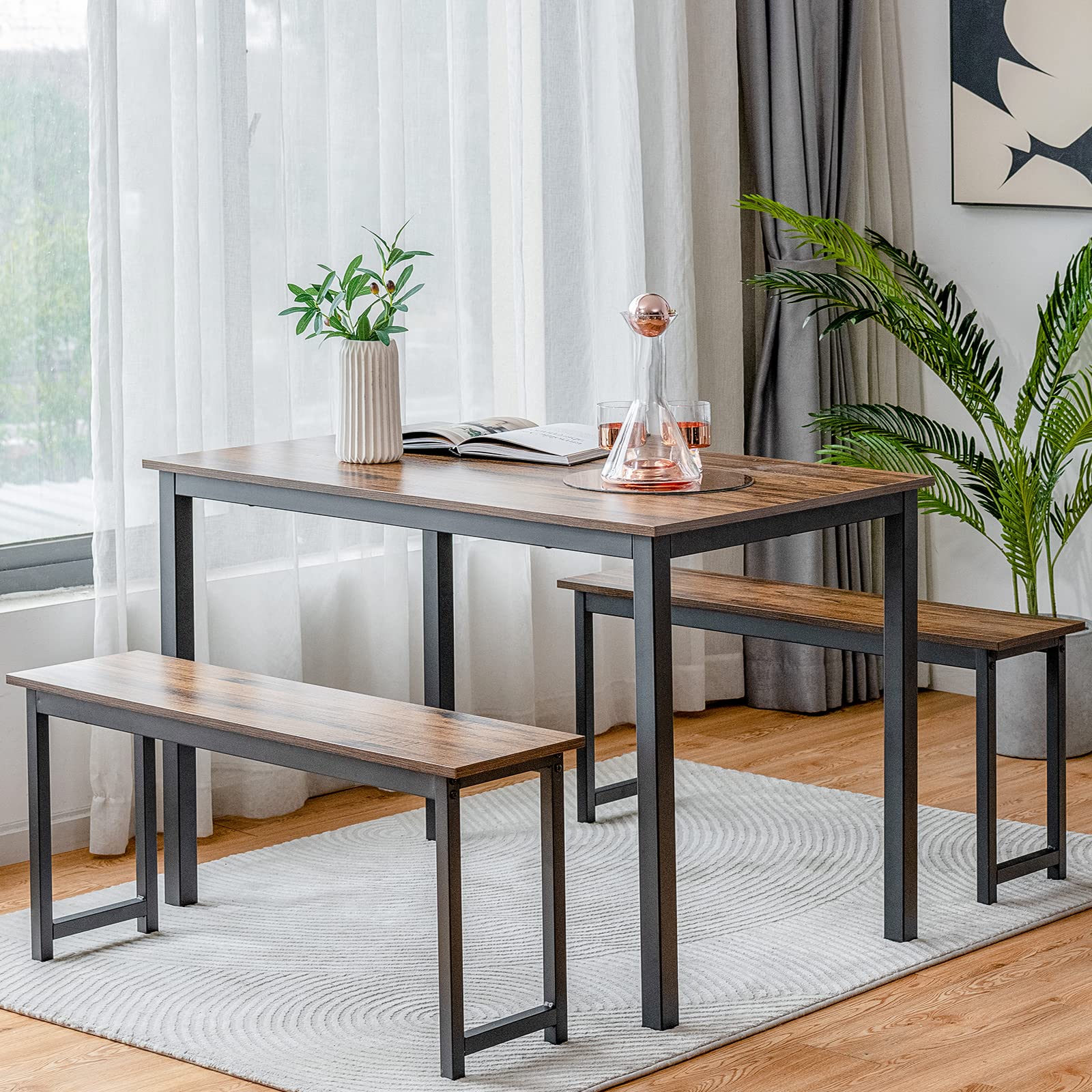 Modern 3-Piece Dining Table Set for 4 with 2 Benches - Space-Saving Kitchen & Dining Room Furniture in Brown - Perfect for Small Apartments, Breakfast Nooks & Cozy Family Meals