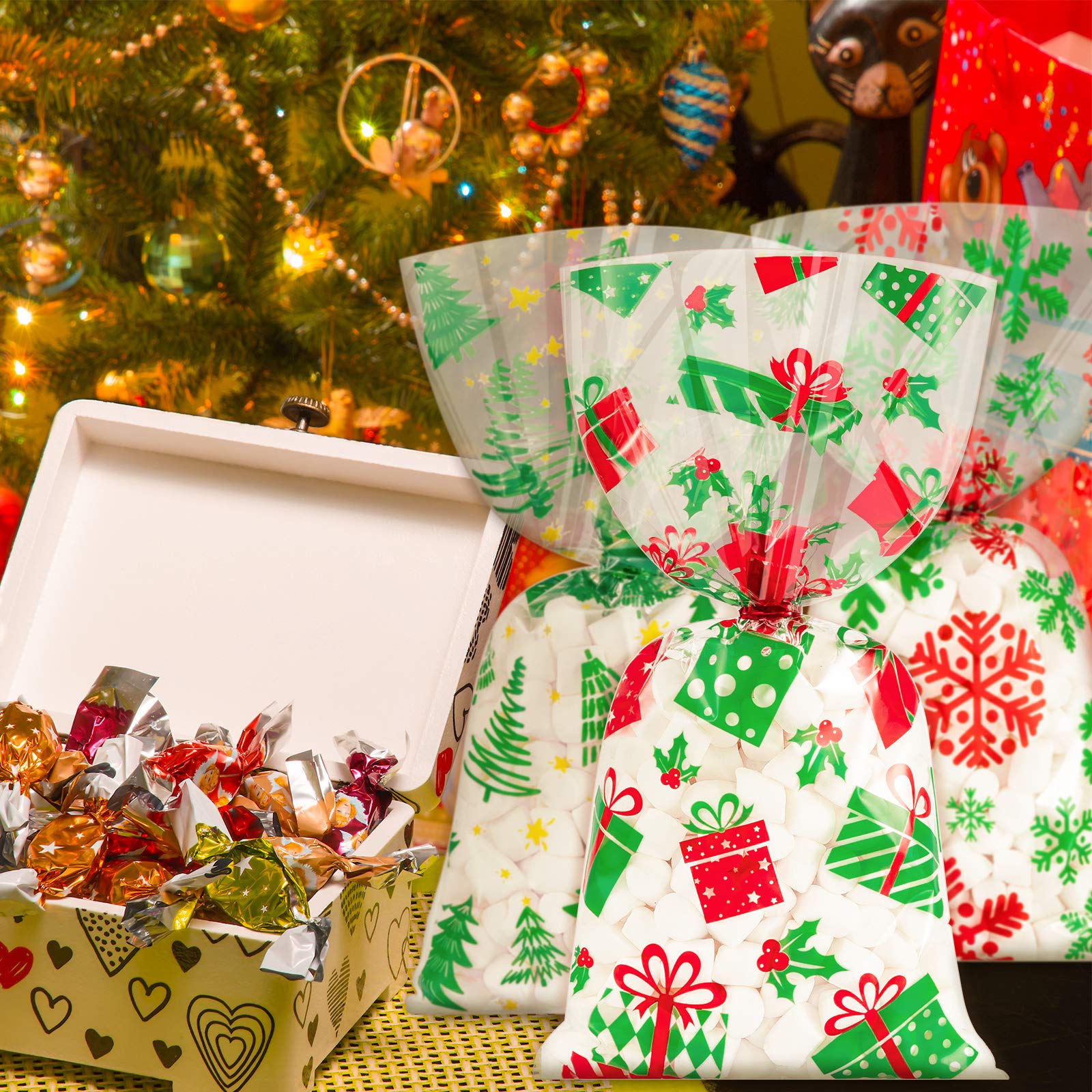 150Pcs Christmas Cellophane Bags with Twist Tie - 6 Festive Designs (Snowman, Xmas Tree, Snowflake) for Candy, Treats & Party Favors | Perfect for Holiday Gift Wrapping, Table Decor & Christmas Celebrations