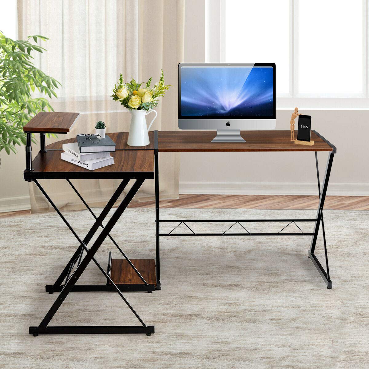 Modern L-Shaped Reversible Corner Desk with CPU Stand - Sturdy Multifunctional Home Office Computer Table in Walnut Finish for Small Spaces & Workstations