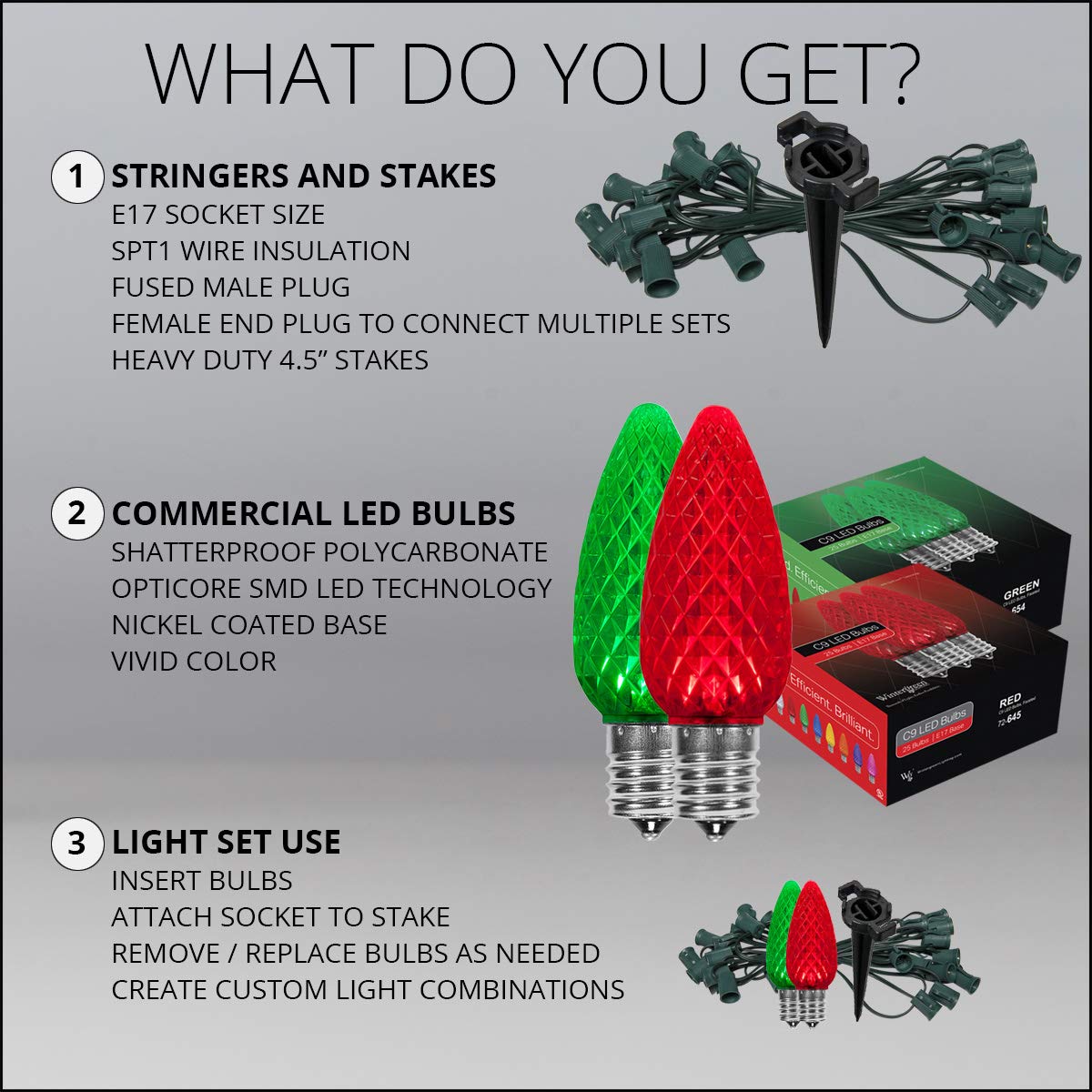 Wintergreen LED Christmas Pathway Lights - Red & Green C9 Outdoor String for Holidays