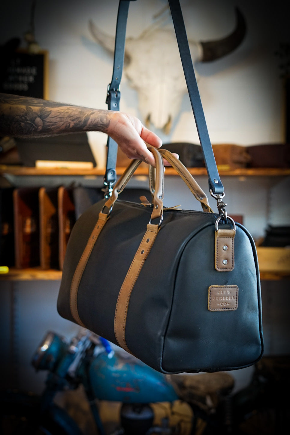 Overnighter Duffle Bag - Flat Black with Rustic Brown Accents - Perfect for Travel, Gym & Weekend Getaways
