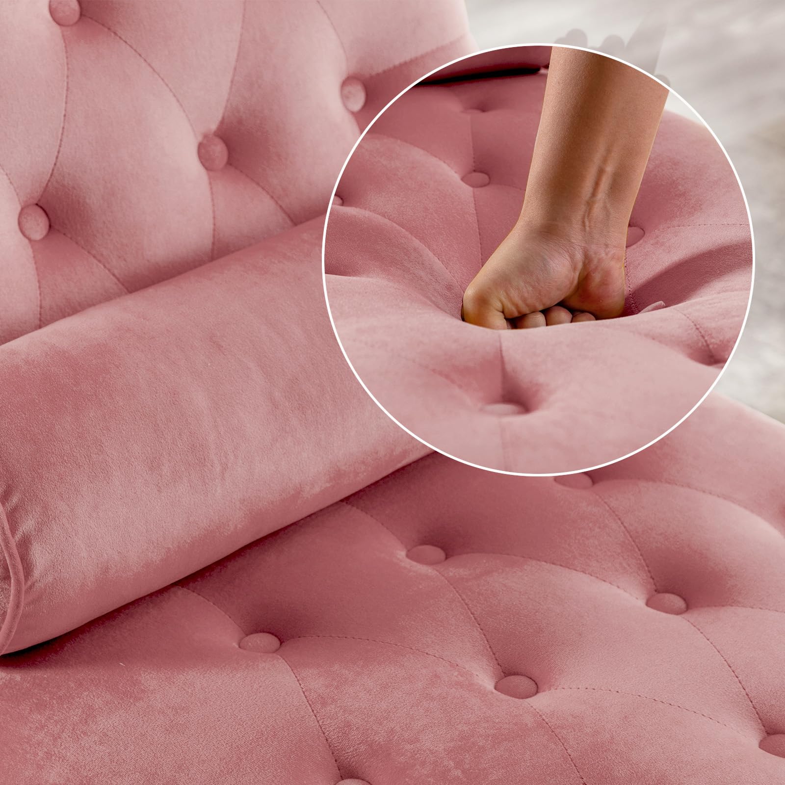 Luxury Velvet Button-Tufted Chaise Lounge Chair with Bolster Pillow - Elegant Nailhead Trim & Turned Legs for Living Room, Bedroom or Office - Comfortable Leisure Sofa Couch in Soft Pink - Perfect for Relaxing, Reading or Napping