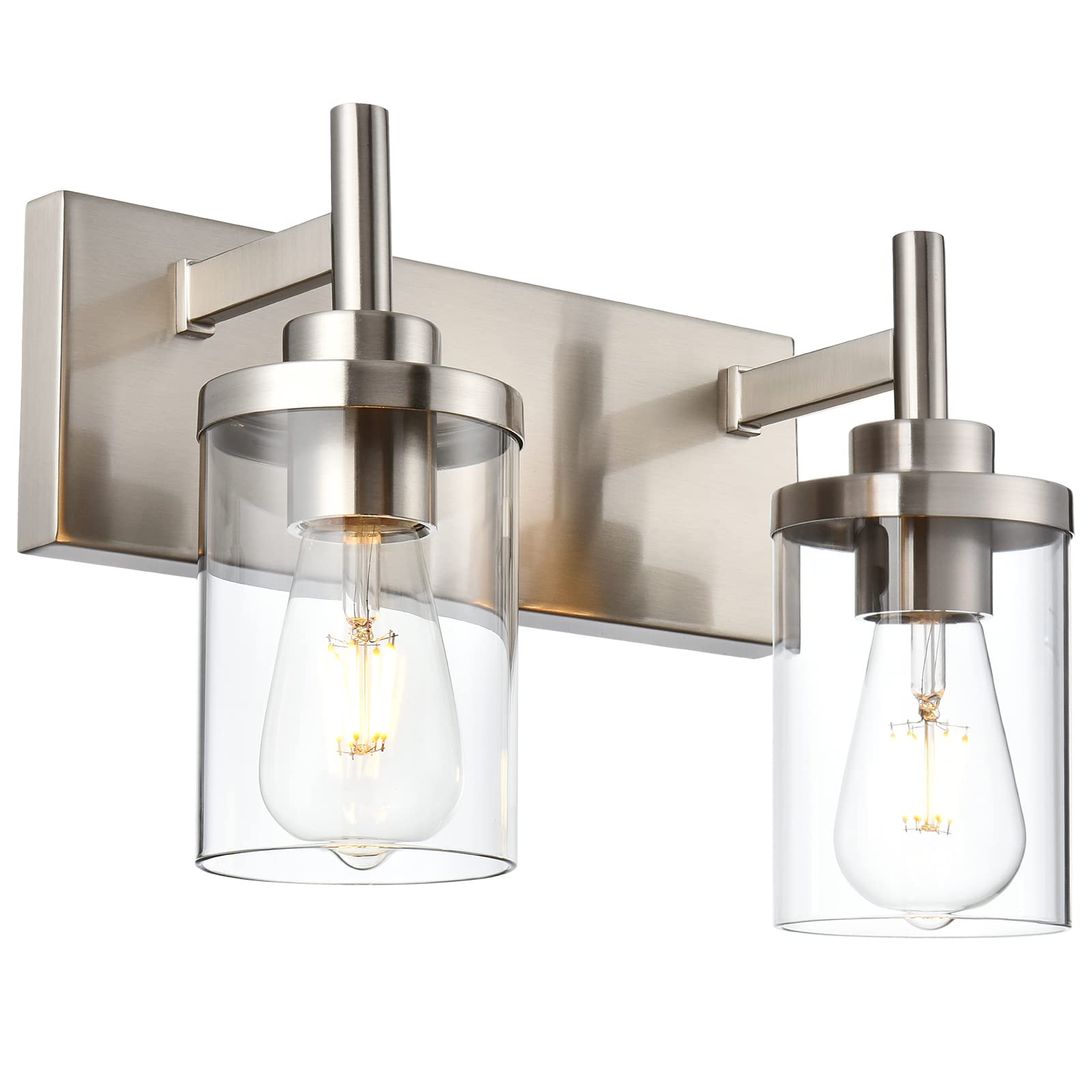2-Light Black Vanity Wall Sconce - Brushed Nickel Industrial Bathroom Lighting with Clear Glass Shade - Farmhouse Matte Wall Lamp for Hallway & Bathroom - Perfect for Modern Farmhouse, Industrial, and Vintage Home Decor