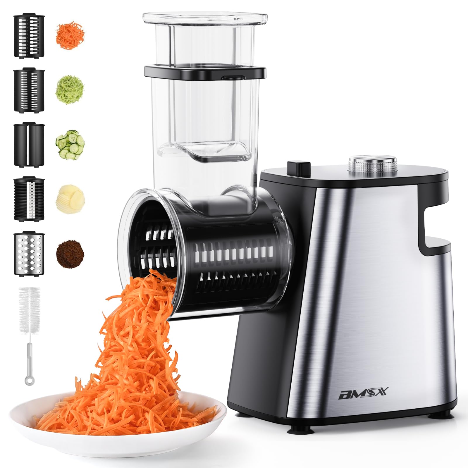 Upgraded 250W Electric Cheese Grater & Slicer - Automatic Shredder for Cheese, Fruits, Vegetables - 5 Blade Salad Maker - Perfect for Pizza Topping, Meal Prep & Healthy Cooking