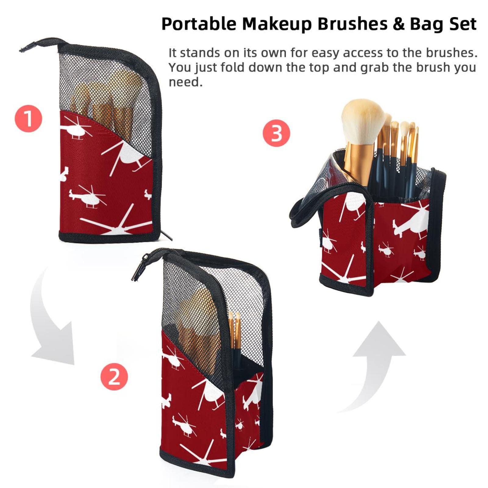 12-Piece Makeup Brush Organizer Bag with Helicopter Silhouette Red Design - Portable Cosmetic Brush Holder Case for Travel, Home & Professional Makeup Artists