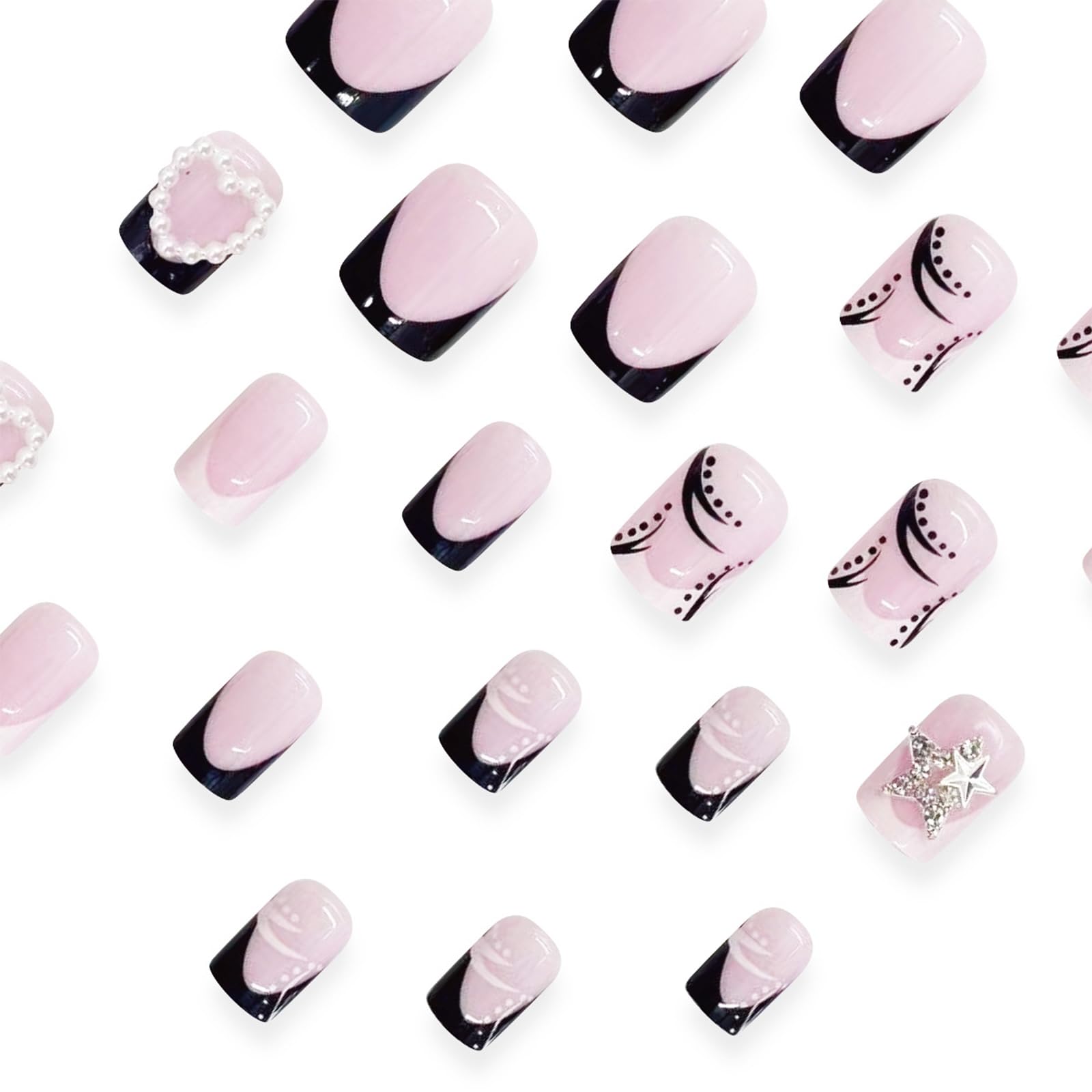 24Pcs Short Press on Nails Kit - Square Black & White French Tips with Heart Charms & Pearl Designs | Glossy Full Cover Gel Artificial Nails | Easy Glue On False Nails for Women & Girls | Perfect for Parties, Weddings & Daily Wear