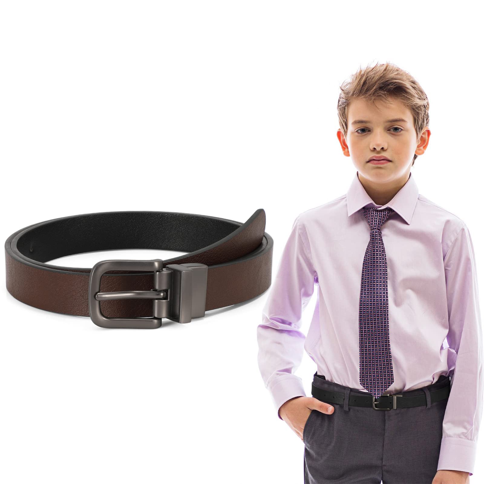 SUOSDEY Reversible Leather Belts for Boys - Adjustable Kids Belt for School Uniforms, Jeans & Casual Wear | Durable Waistband for Daily Use, Back to School & Playtime