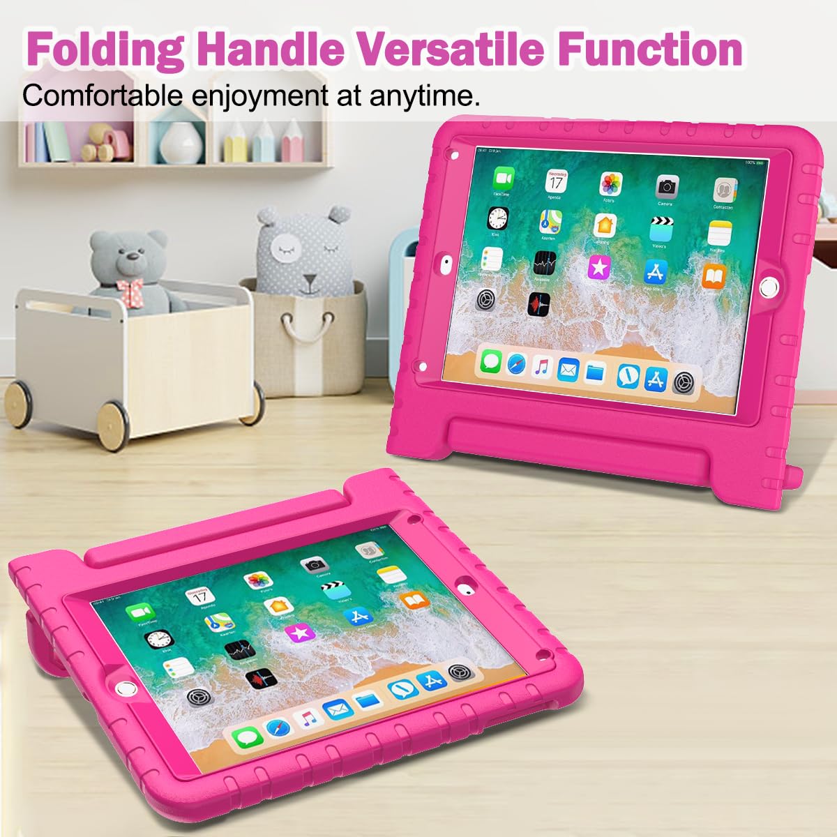 BMOUO Shockproof Kids Case for iPad 6th/5th Generation & iPad Air 2 (9.7 Inch 2018/2017) - Durable Handle Stand Cover with Screen Protector - Rose Pink | Perfect for School, Travel & Home Learning