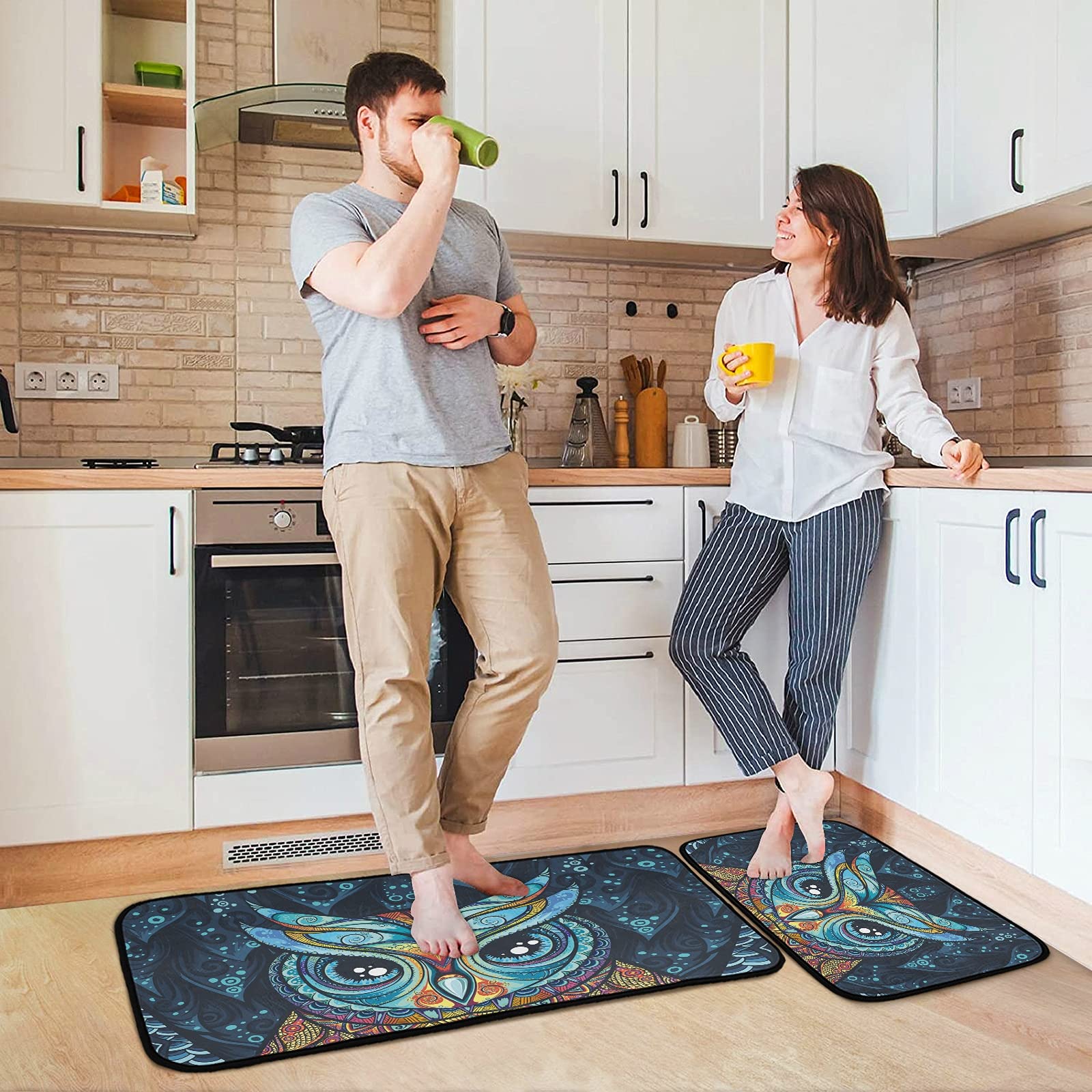 Tribal Owl Kitchen Rugs Set - Anti-Fatigue Non-Slip Mats for Sink & Laundry (2PC)