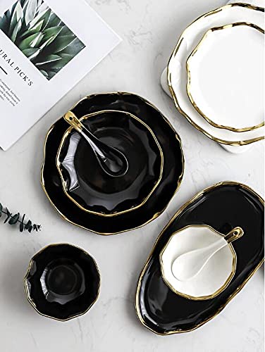 Colias Wing Gold Edge Porcelain Side Dish Bowls - Irregular Curve Design, Soy Sauce Dipping Dishes, Black & White Set of 4 - Perfect for Sushi, Dumplings, and Asian Cuisine Serving