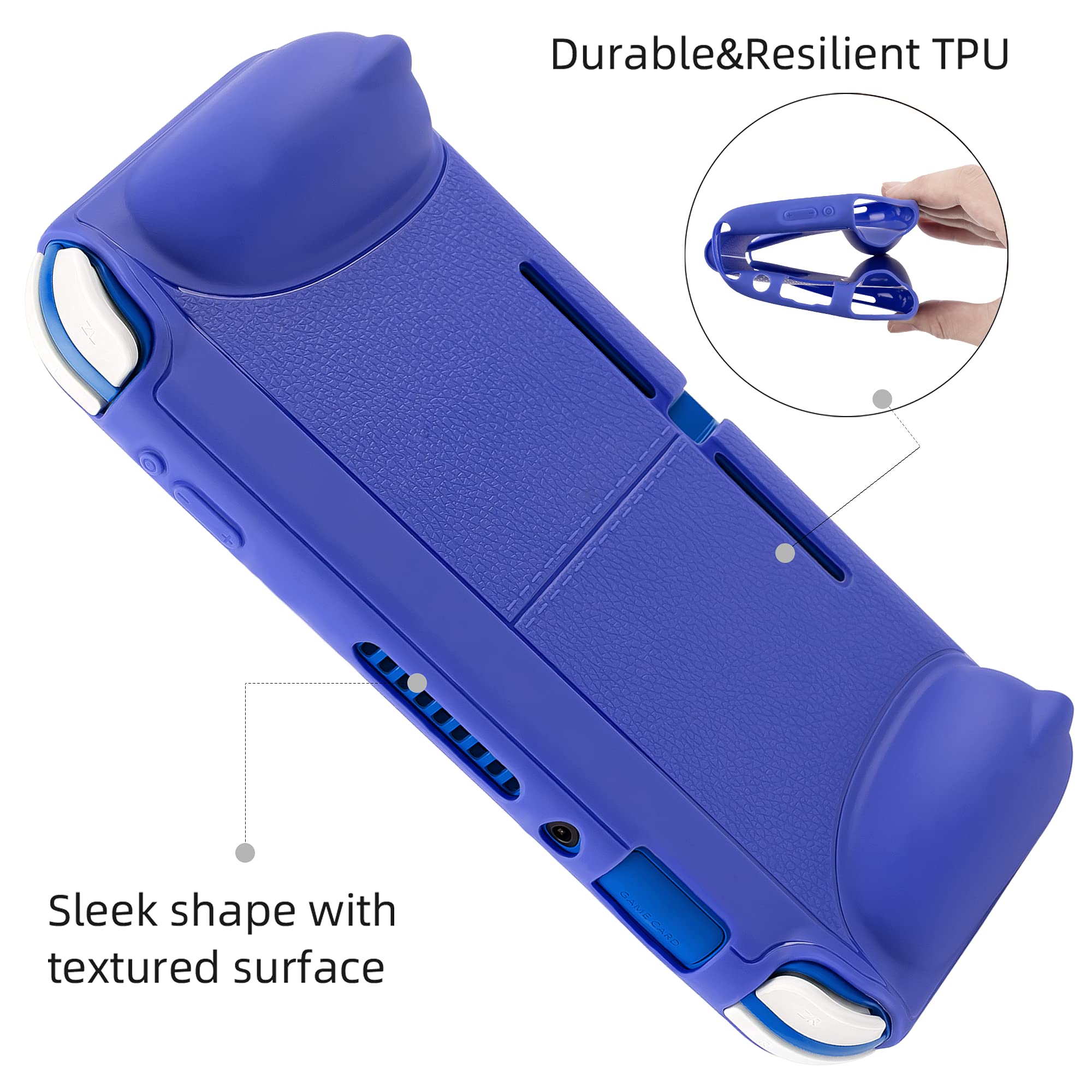 Nintendo Switch Lite Protective Case - Soft Grip TPU Cover with Ergonomic Handles & 4 Thumb Stick Caps | Self-Standing Design | Perfect for Gaming On-The-Go (Blue)