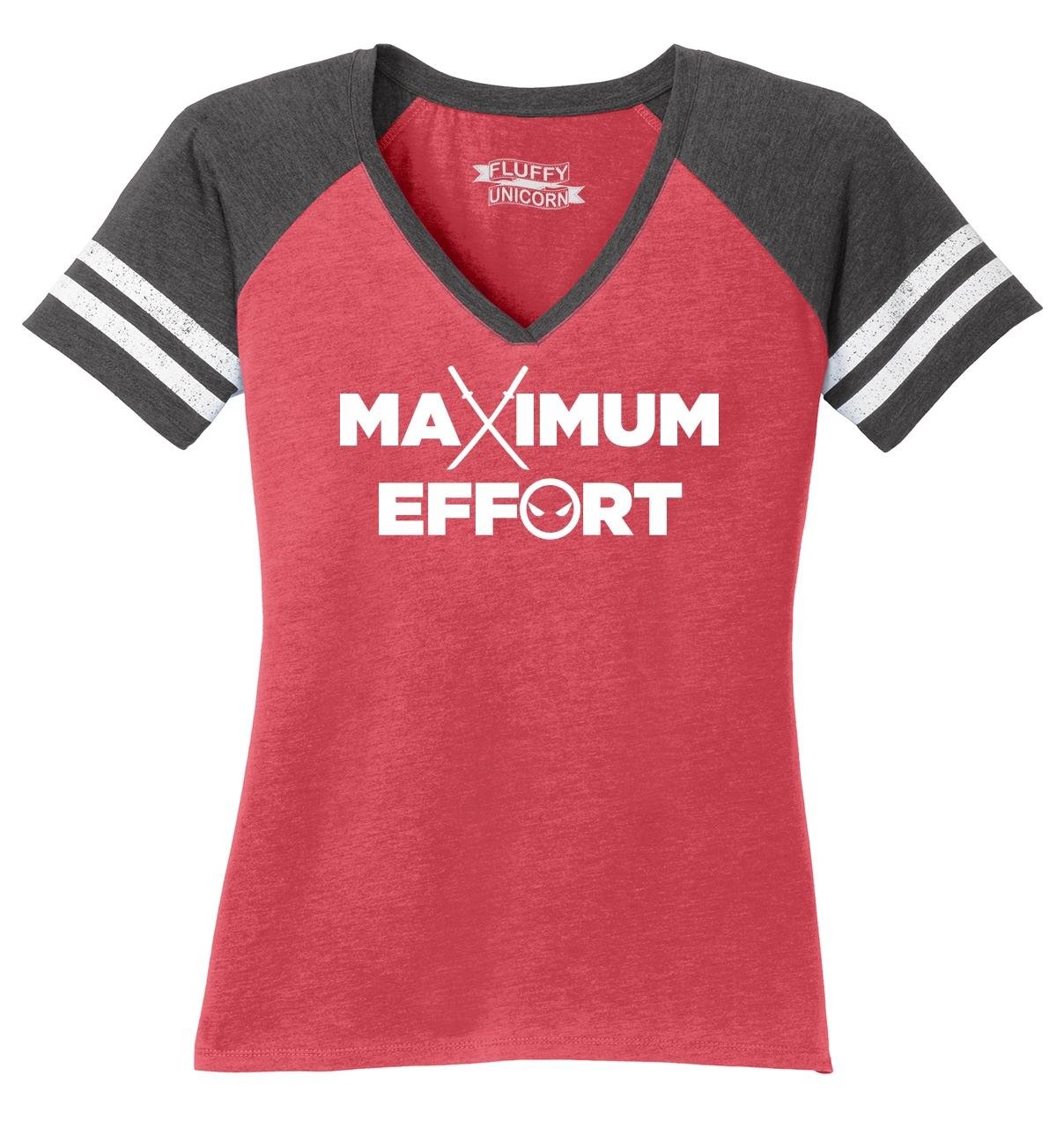 Funny Maximum Effort Movie Quote V-Neck T-Shirt for Women - Comical Graphic Tee for Gamers & Deadpool Fans - Perfect for Cosplay, Comic Con & Casual Wear