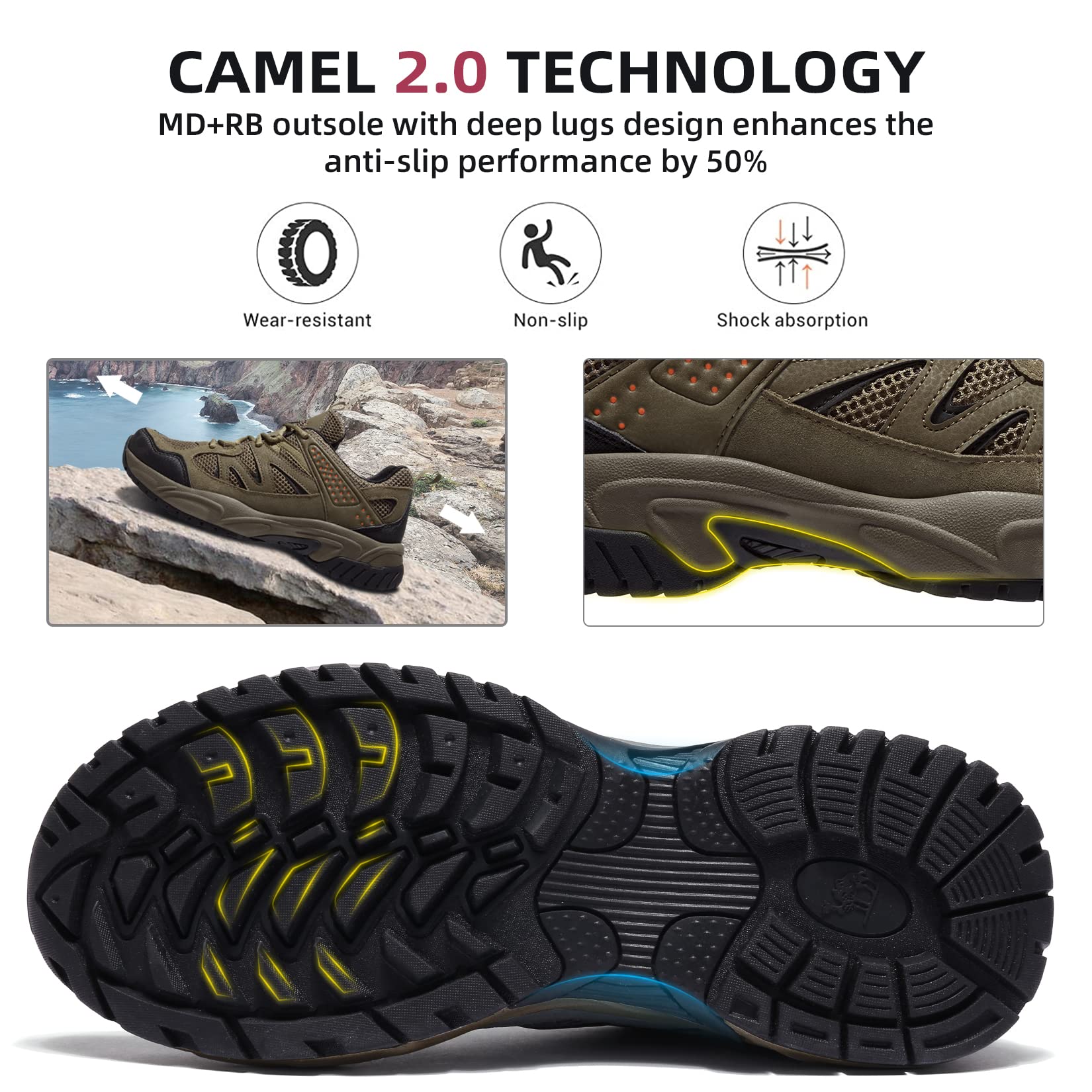 CAMELSPORTS Men's Lightweight Hiking Shoes - Non-Slip Breathable Sneakers for Outdoor Trekking, Trail Walking & Climbing - Perfect for Day Hikes, Mountain Trails & Camping Adventures