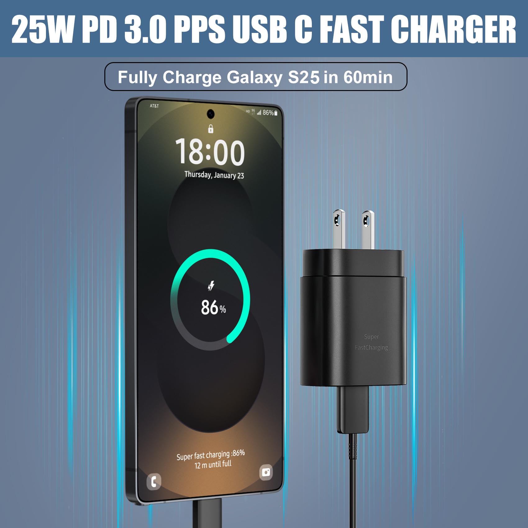 25W Fast Charger & 10Ft USB C Cable 2-Pack for Samsung Galaxy S25/S24/S23/S22/S21/S20/Plus/Ultra/FE - Super Fast Charging Block & Durable Cord for Home, Office & Travel