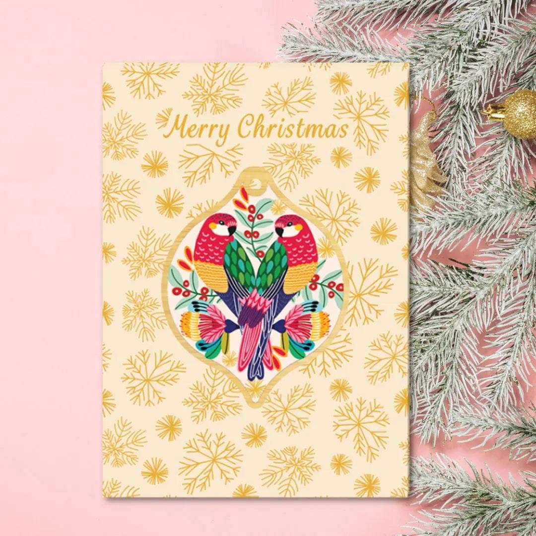 Rosella Birds Christmas Card & Wooden Ornament - Festive Holiday Greeting Card with Handcrafted Wooden Bauble for Tree Decorations and Gift Giving