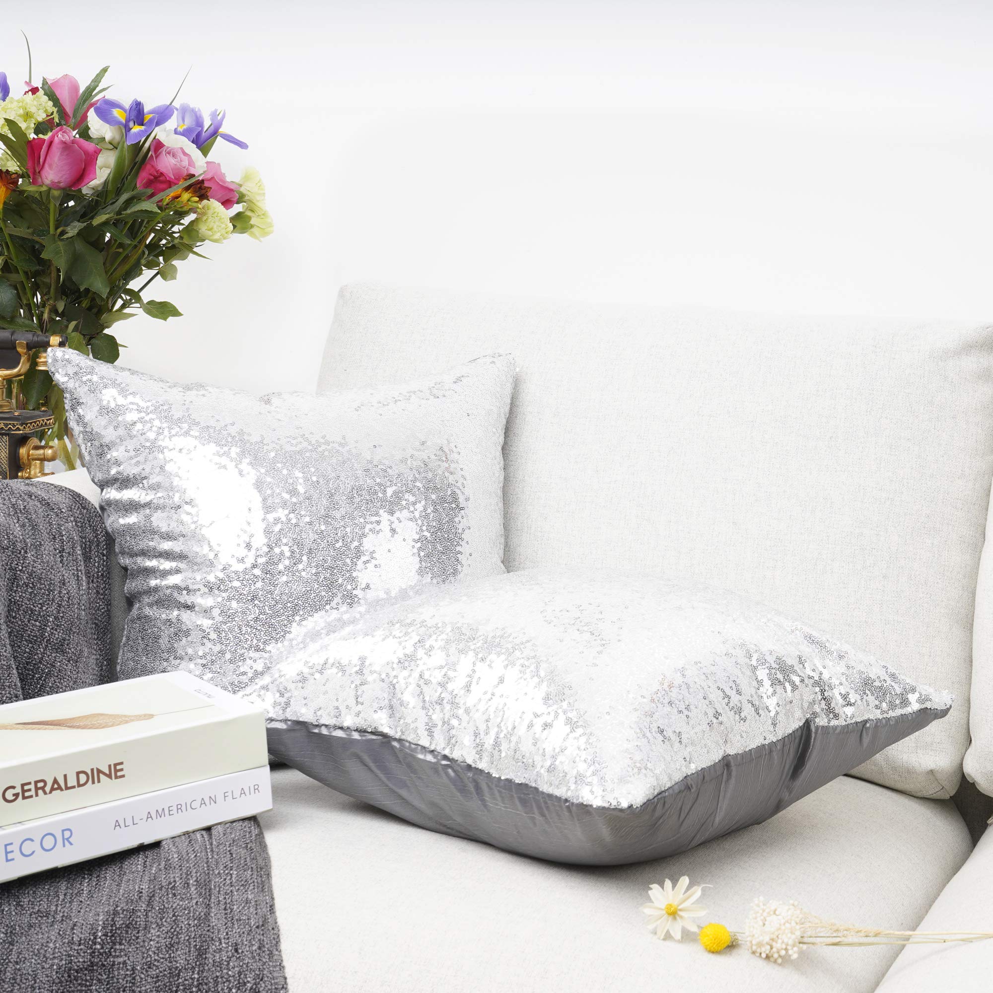 Luxury Silver Sequin & Satin Throw Pillow Cover Set of 2 - 18x18 Inch Glamorous Decorative Cushion Case for Wedding, Christmas, Home Decor, Sofa & Bedroom Accent