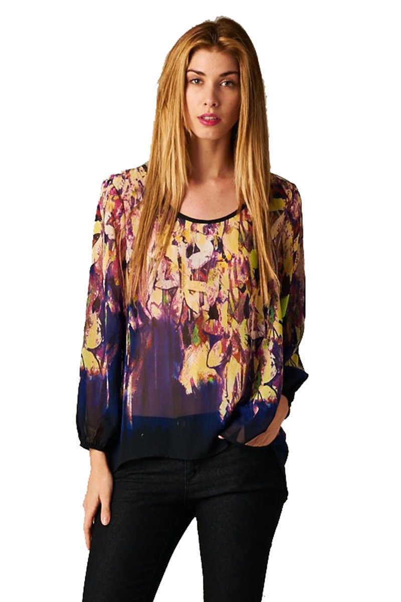 Elegant Watercolor Floral Print 3/4 Sleeve Chiffon Blouse with Hi-Low Hem - Perfect for Spring Outfits, Office Wear & Special Occasions