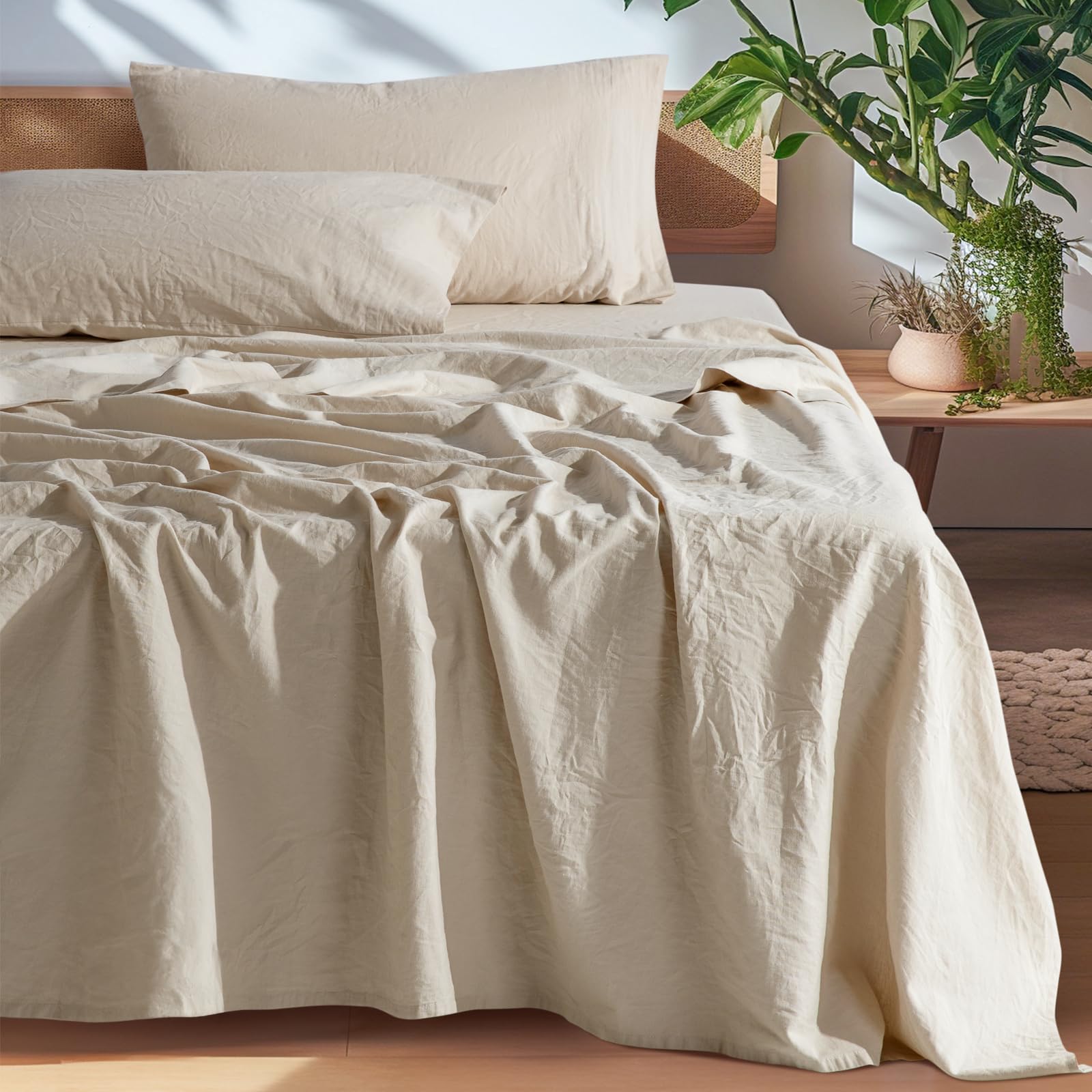 SONORO KATE 100% French Pure Linen Queen Size Sheet Set - 4 Piece Breathable & Durable Bed Sheets with 16