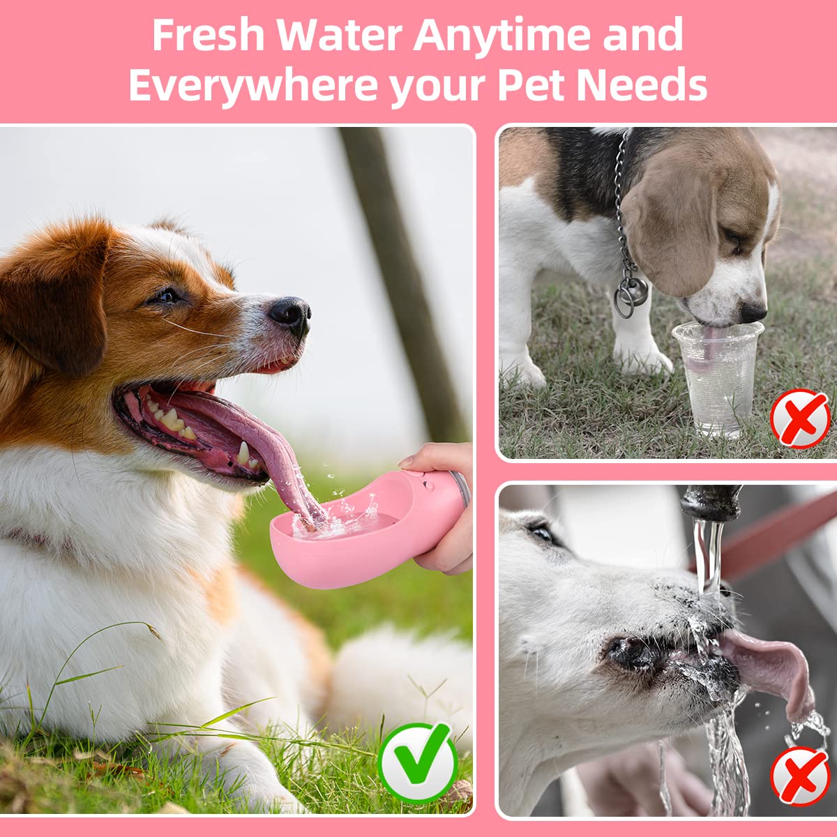 Portable Dog Water Bottle with Bowl - 19oz Lightweight Travel Water Dispenser for Dogs, Puppy Essentials for Outdoor Walking, Hiking & Camping - Pink Pet Accessories (Perfect for Park Visits, Beach Trips & Daily Walks)