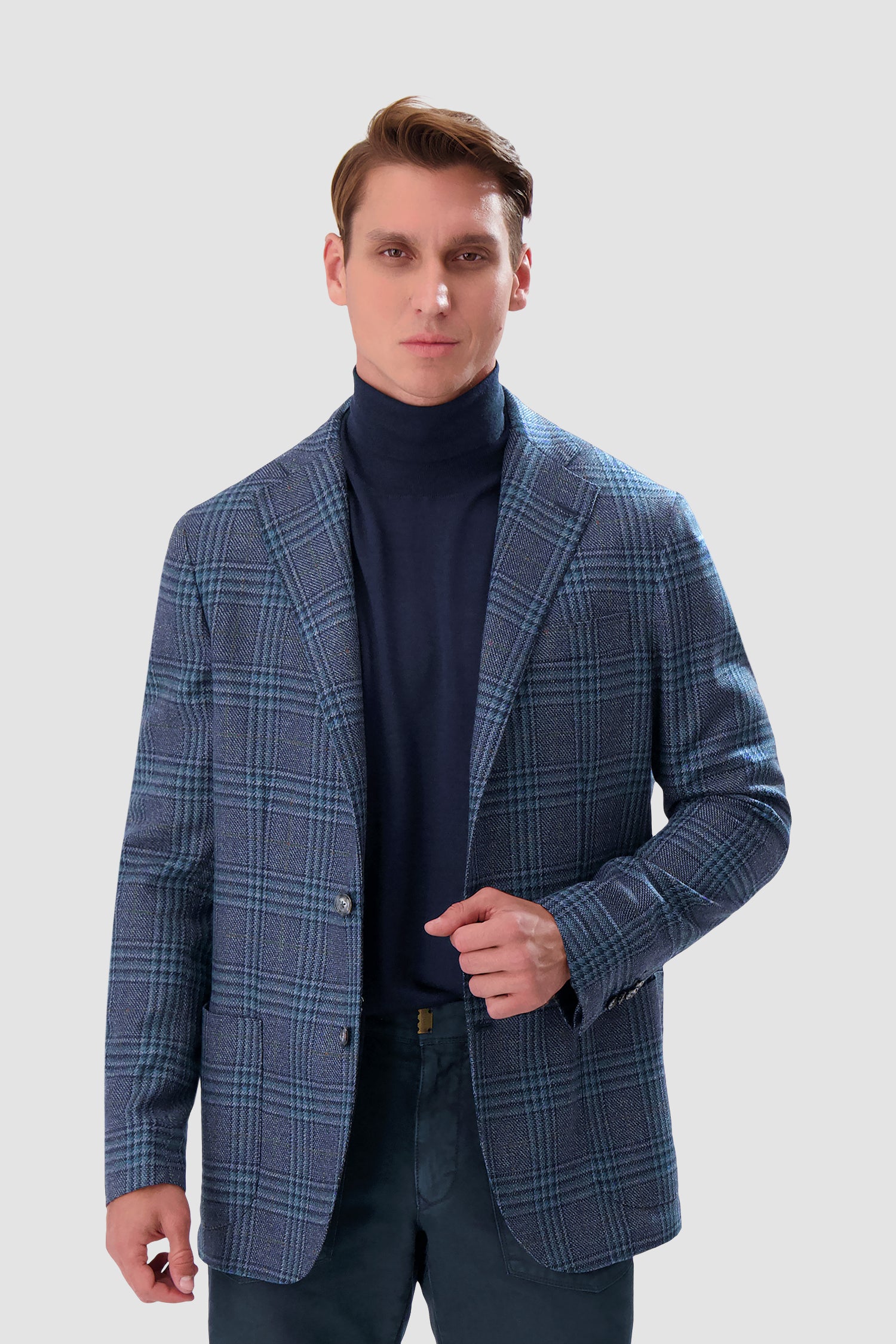 Barba Napoli Blue Checkered Long 2B Blazer for Men - Premium Wool Business Suit Jacket | Perfect for Office Wear, Formal Events & Wedding Attire