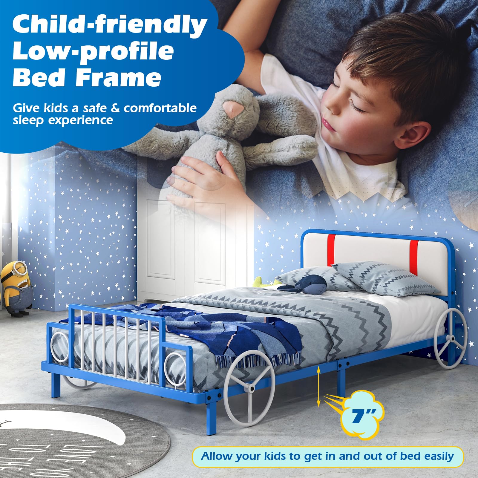 Costzon Twin Bed Frame for Kids - Sturdy Metal Platform with Slat Support, Padded Headboard & Footboard | No Box Spring Required | Easy Assembly | Fits Standard Twin Mattress (Racing Car Design) | Perfect for Kids' Bedrooms, Dorm Rooms & Guest Rooms