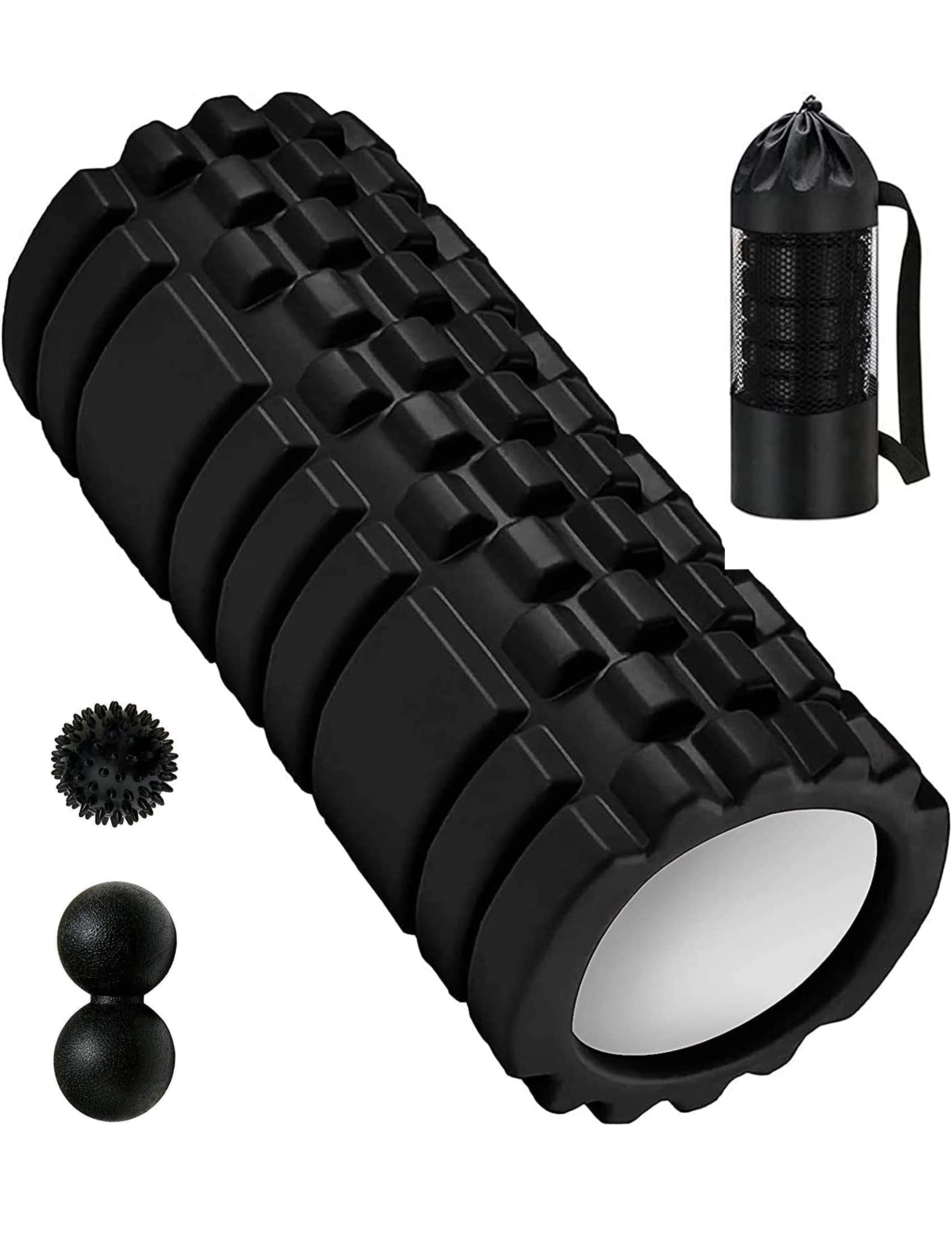 4-in-1 Foam Roller Set with Hollow Core Massage Roller, Peanut Ball, Spiky Ball & Storage Bag - Deep Tissue Massage for Back & Leg Pain Relief - Post-Workout Recovery & Muscle Relaxation (Black) - Perfect for Gym, Yoga, Home Fitness & Physical Therapy
