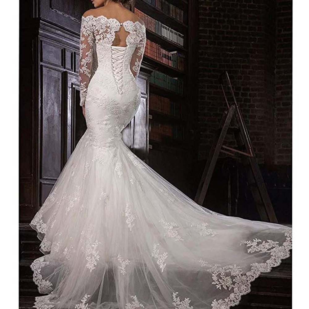 Off Shoulder Long Sleeve Lace Mermaid Wedding Dress for Bride - Elegant A-Line Bridal Gown for Women | Perfect for Beach, Church & Formal Weddings